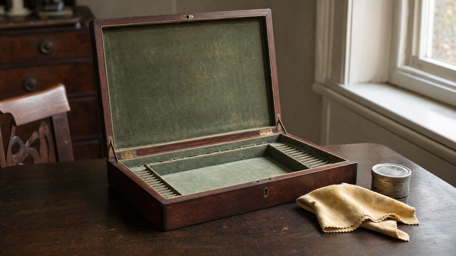 Open Georgian mahogany canteen box with faded green baize lining and empty fitted compartments, beside a folded polishing cloth