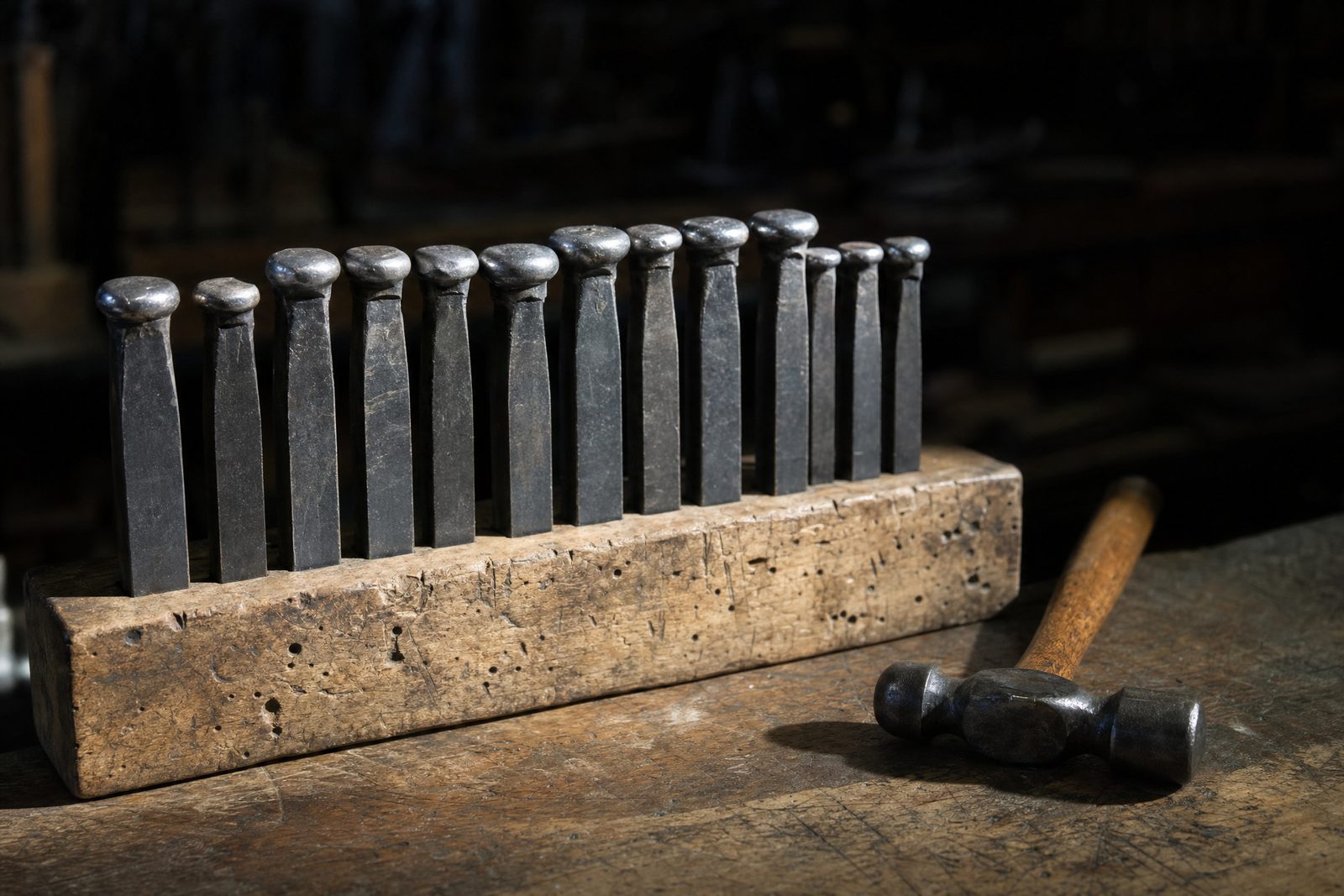 Row of old steel hallmarking punches standing in a scarred wooden block on a silversmith's bench