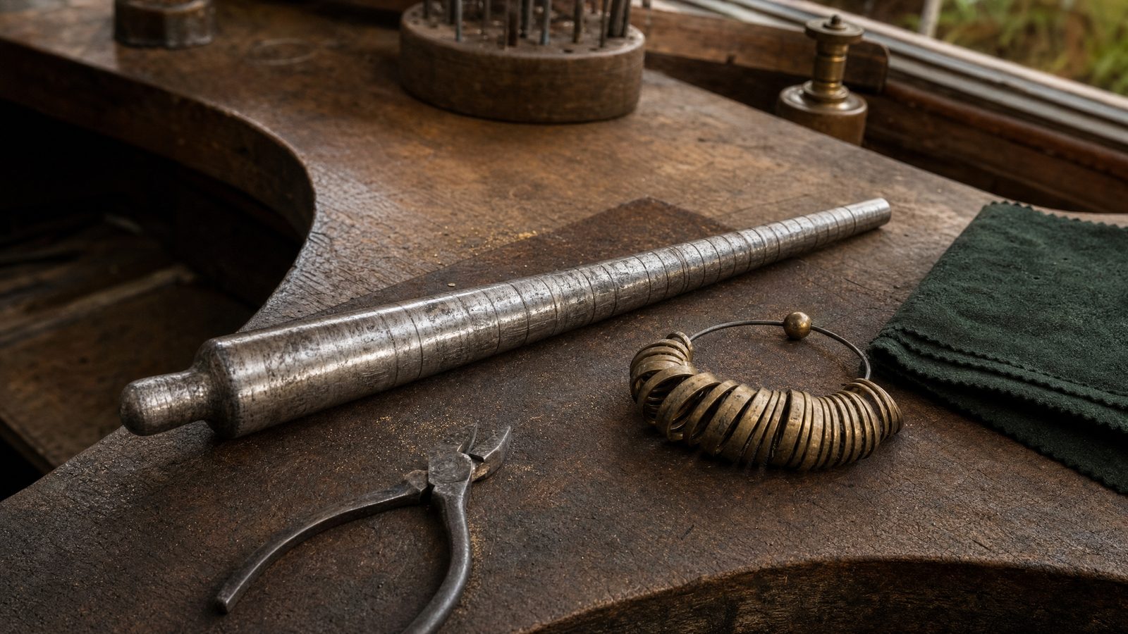 Antique jeweller's workbench in morning light with a steel ring mandrel, brass ring-size gauges and folded green baize
