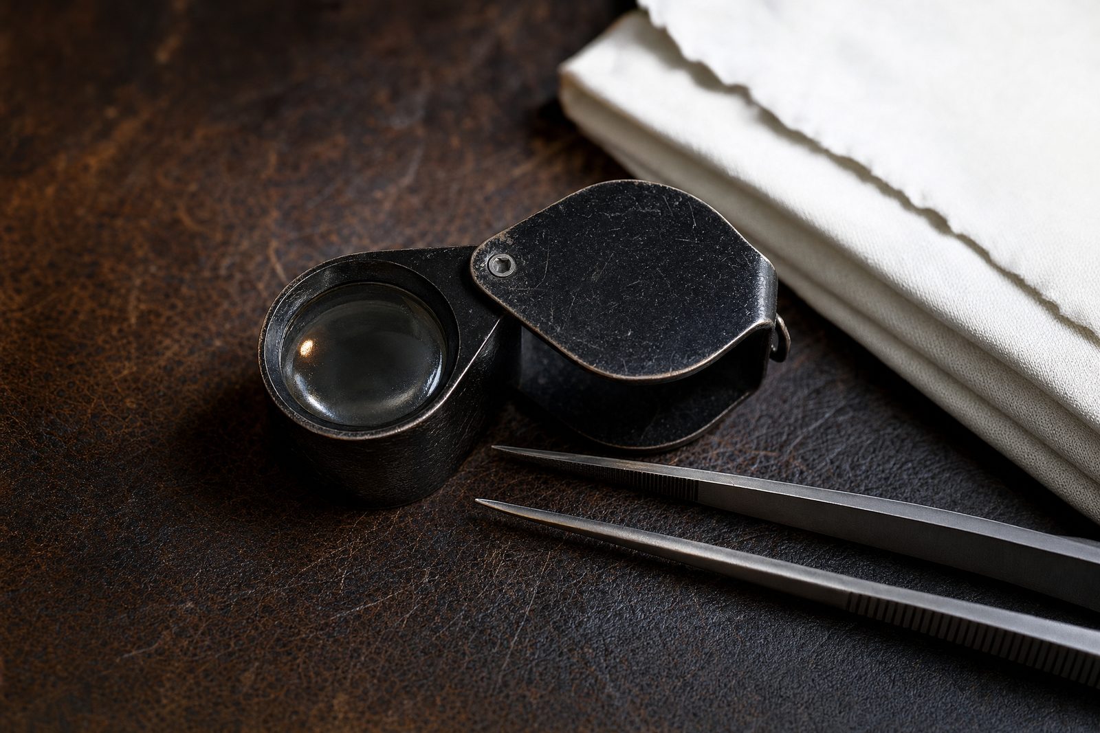 Jeweller's 10x loupe and fine tweezers resting on a worn leather bench skin