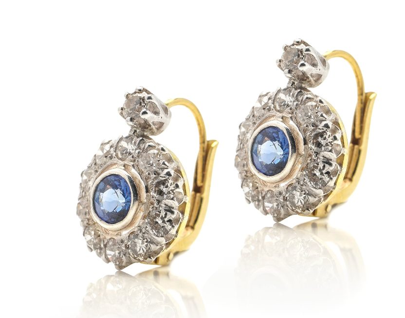 Antique sapphire and diamond cluster lever-back earrings in gold and platinum