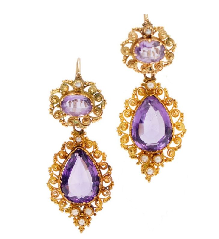 Amethyst and pearl drop earrings in gold with hook fittings