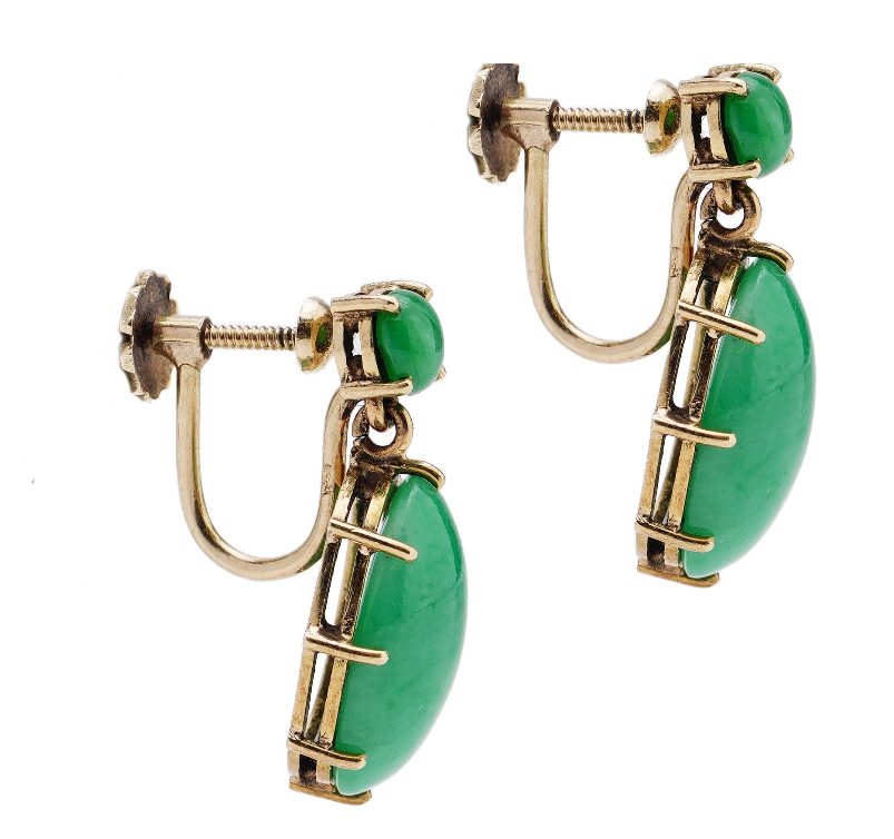 Vintage jade and gold screw-back earrings showing the screw mechanism