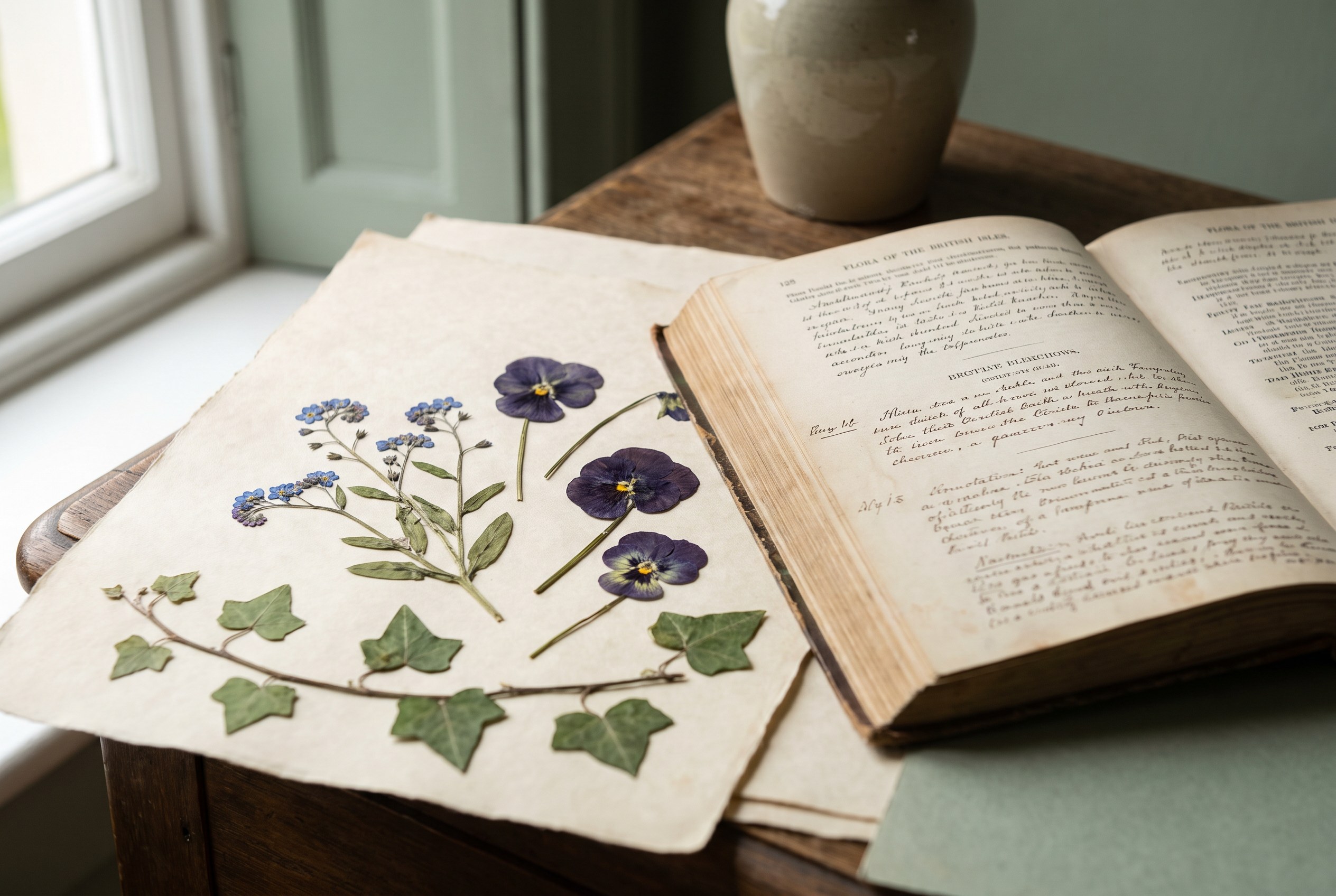 Pressed Victorian flowers — forget-me-nots, pansies and ivy — beside an open 19th-century flower dictionary