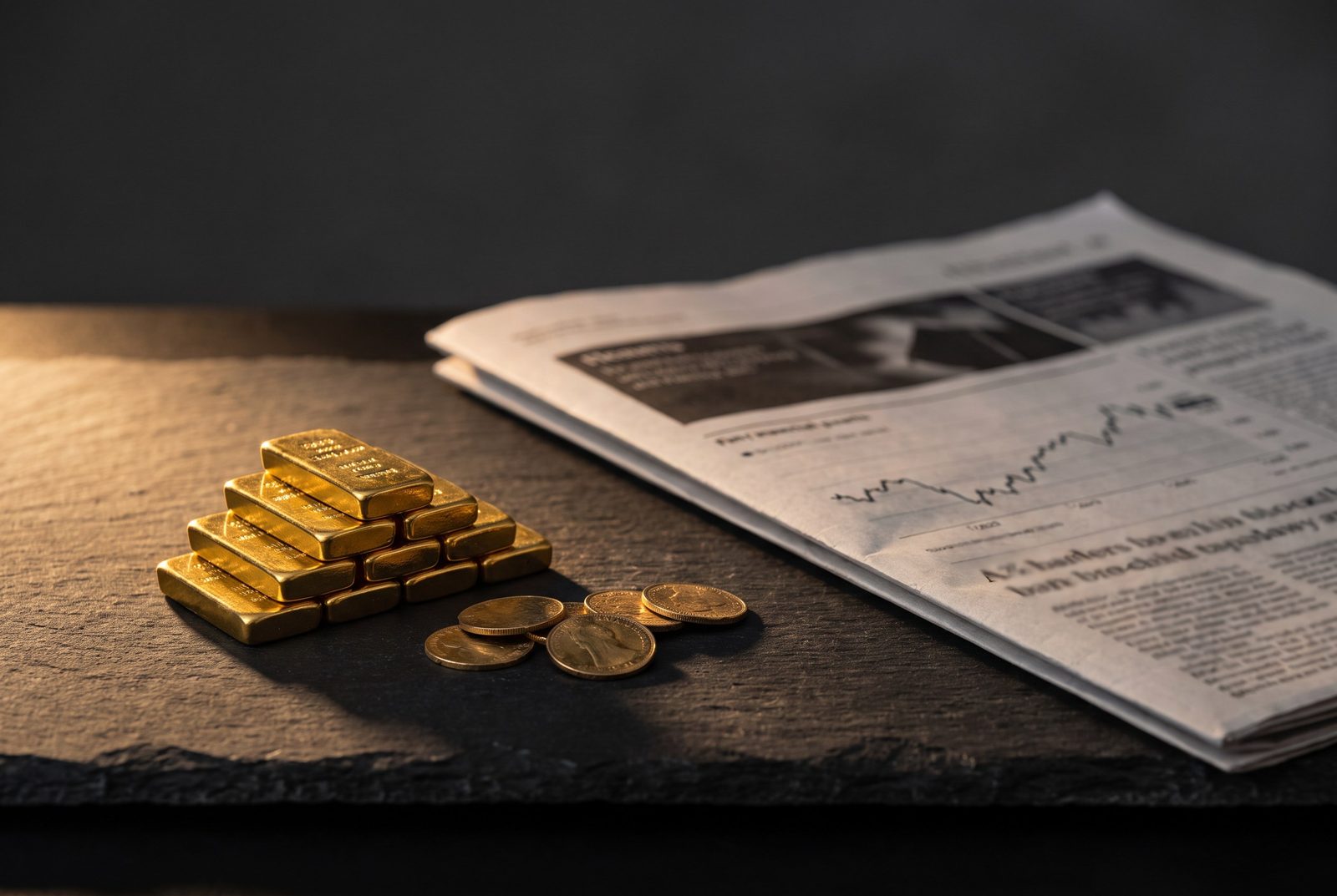 Gold bullion bars and coins beside a financial newspaper — gold price correction, July 2026 UK selling guide