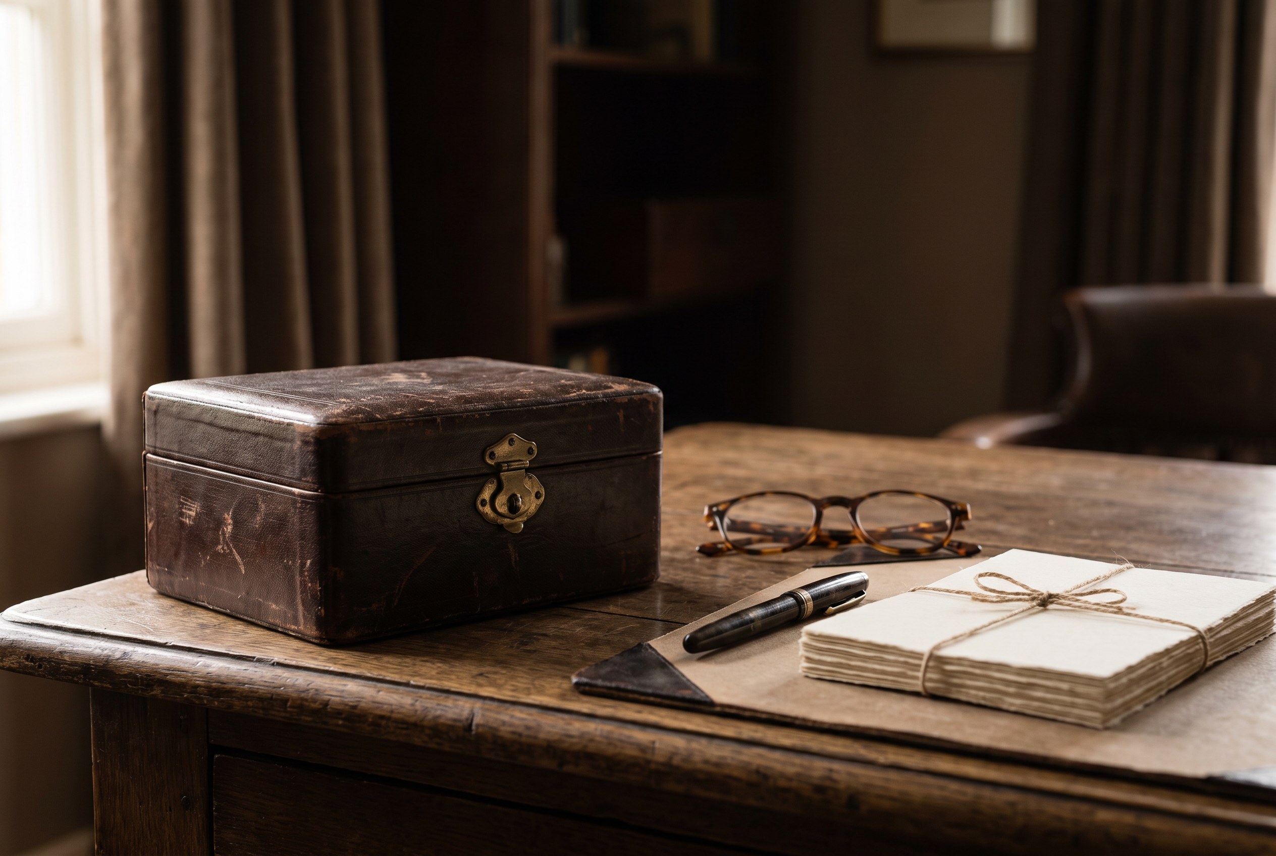 An antique leather jewellery box on a desk beside reading glasses and paperwork — estate and probate valuation