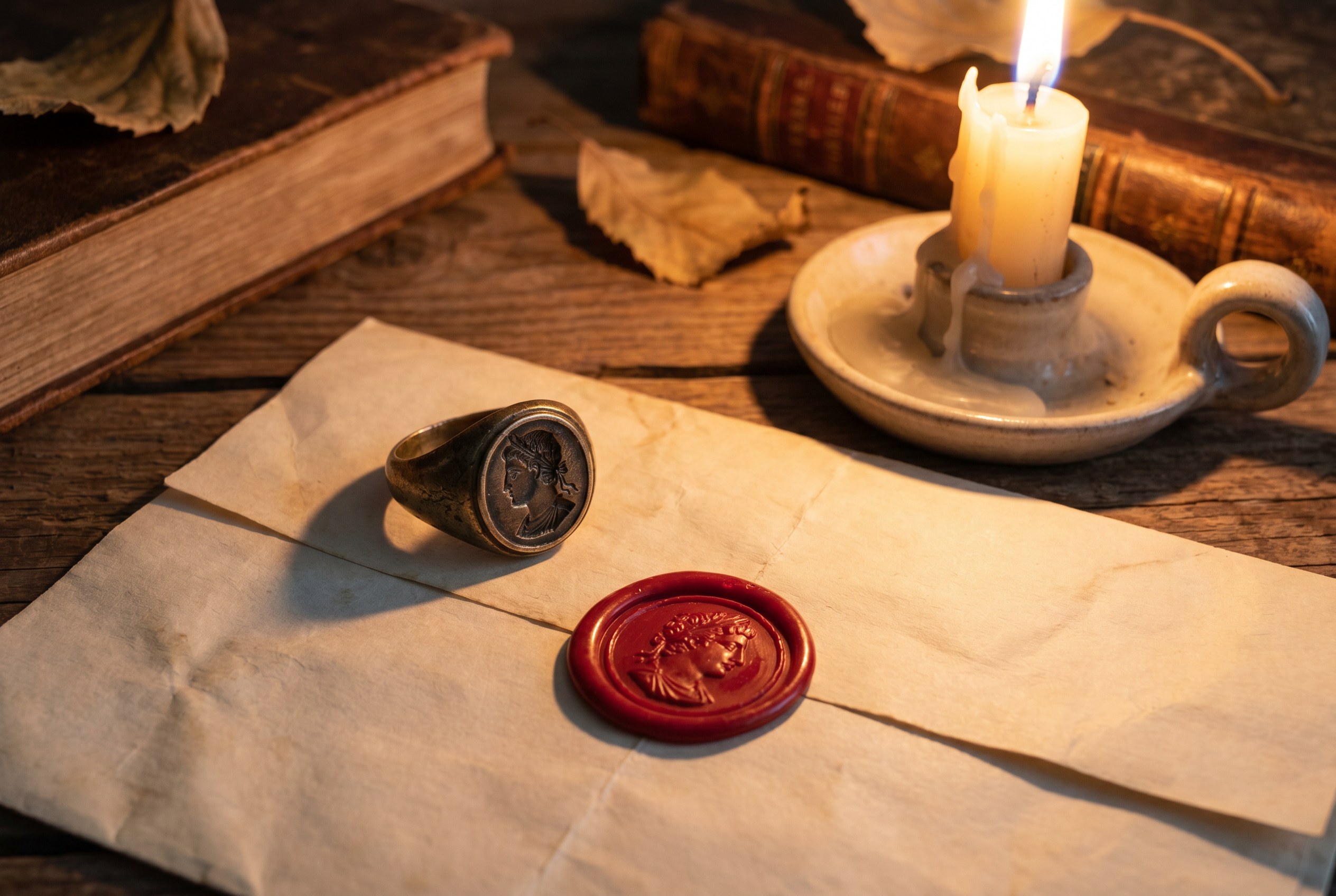 Intaglio seal ring pressed beside its red wax seal