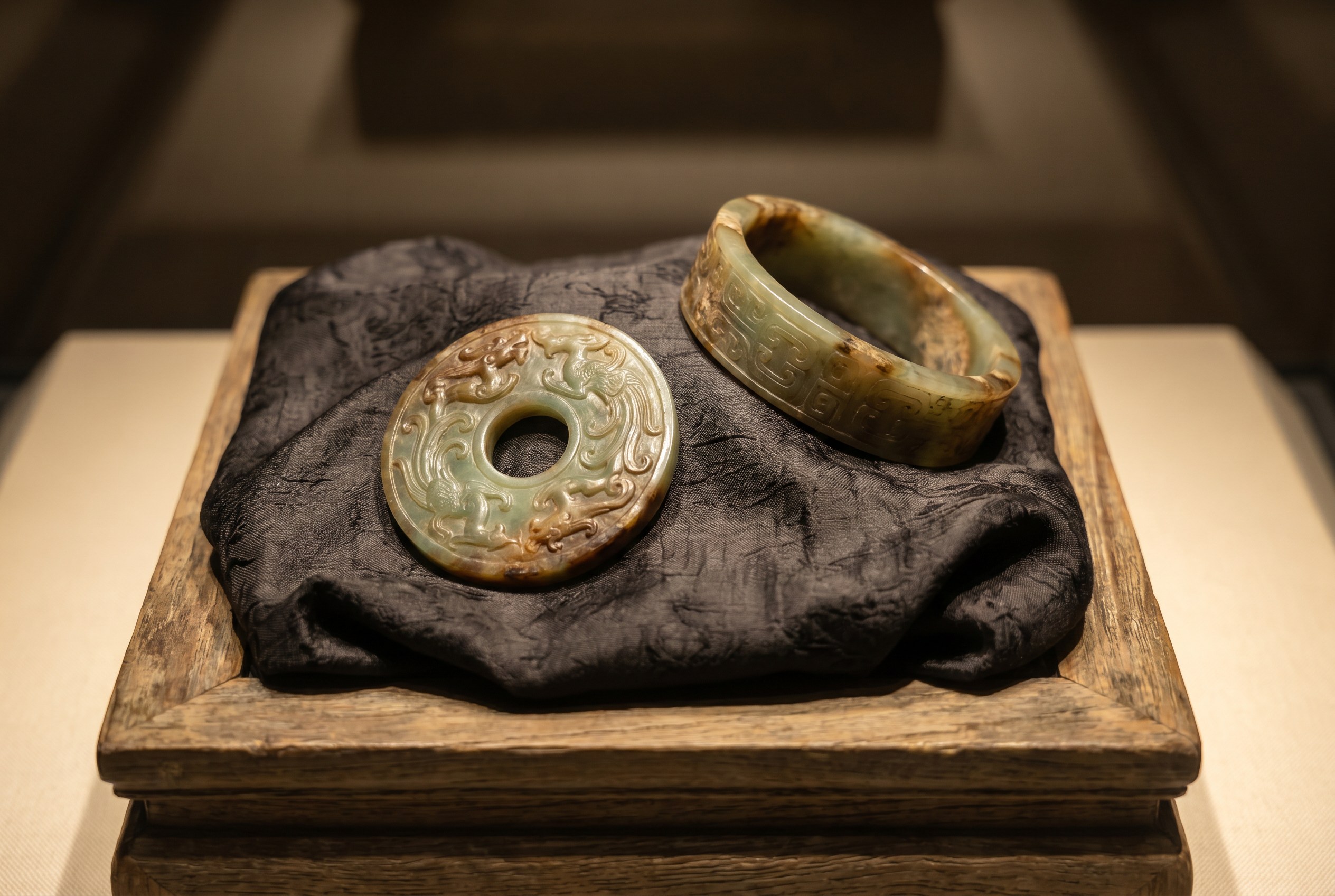Antique Chinese carved jade bi disc and bangle