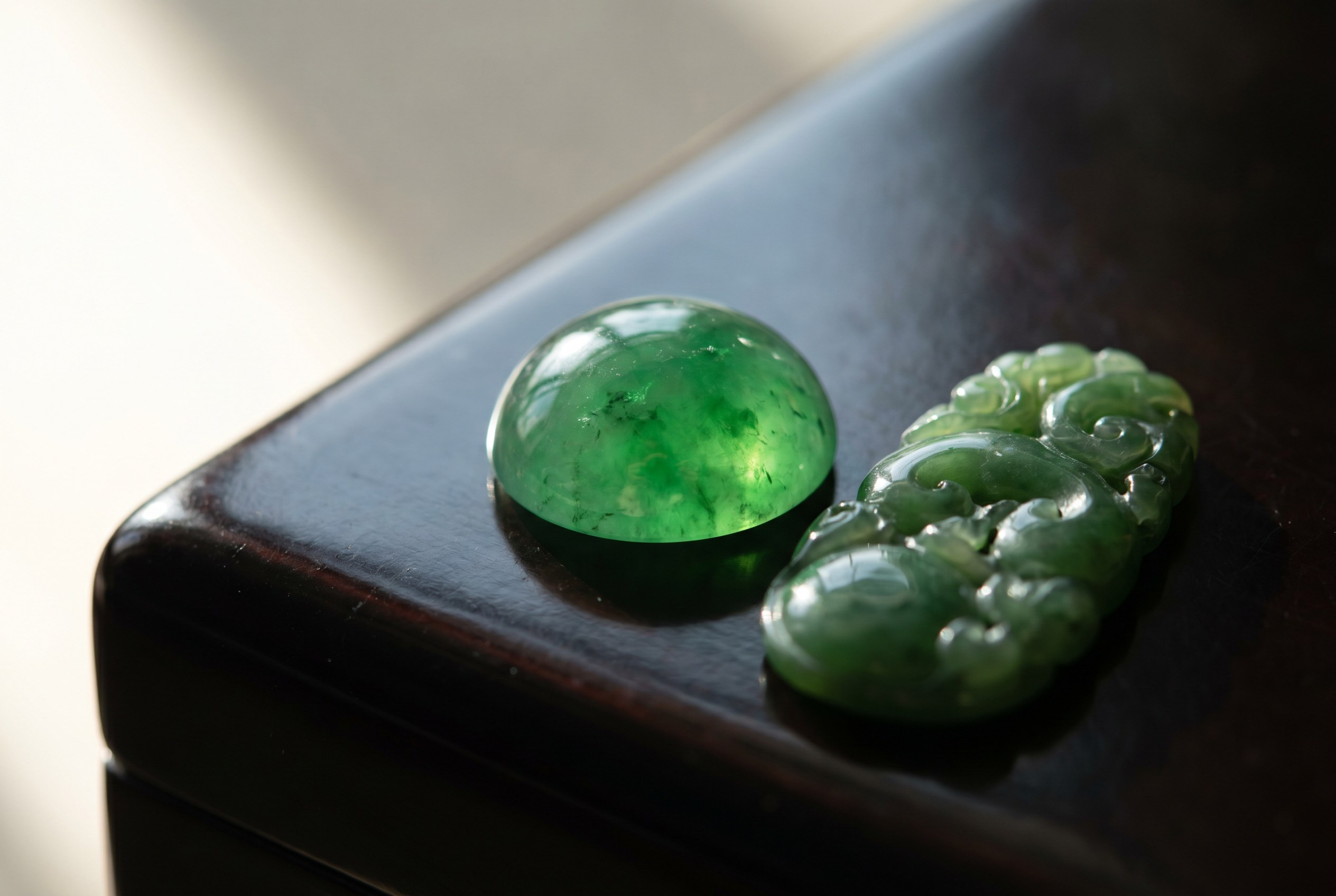 Imperial green jadeite cabochon and carved nephrite