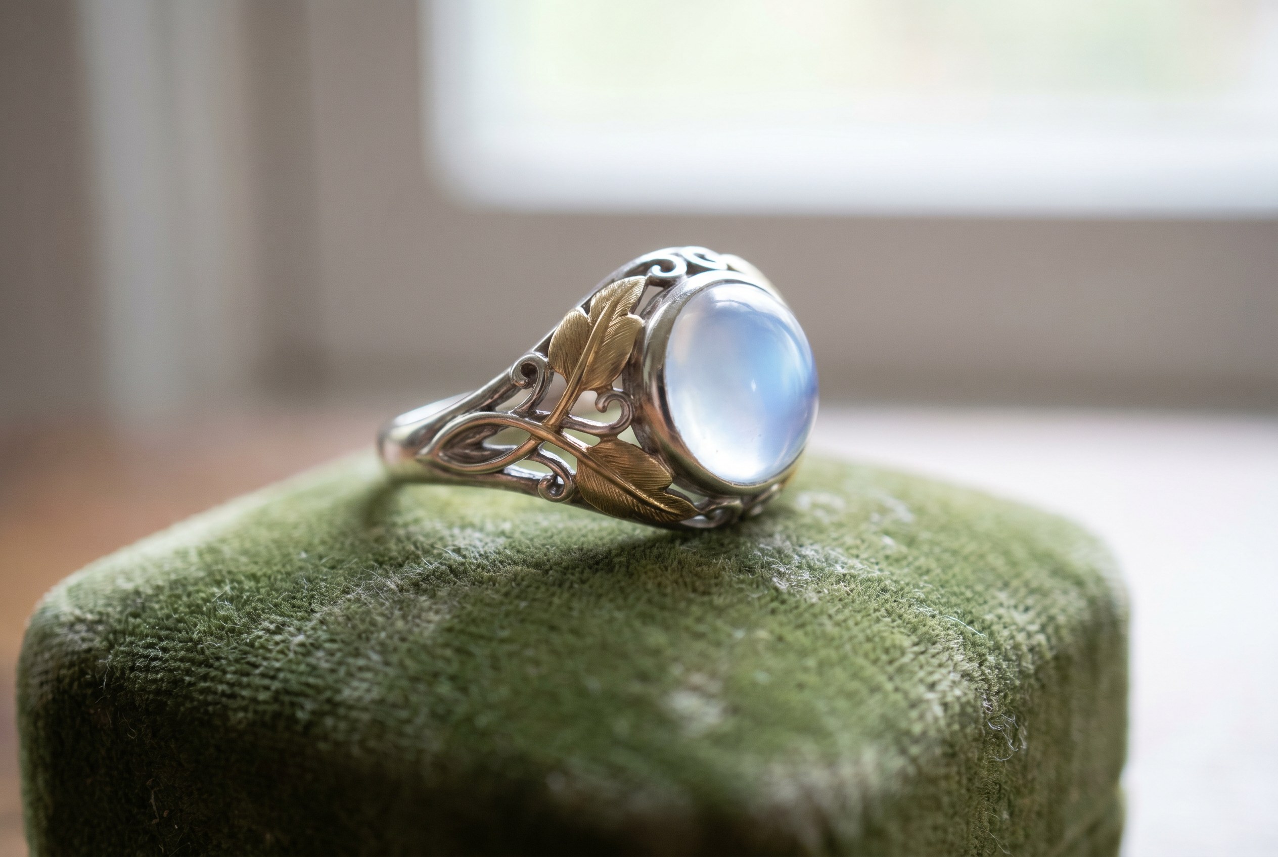 Antique Art Nouveau moonstone ring in silver and gold