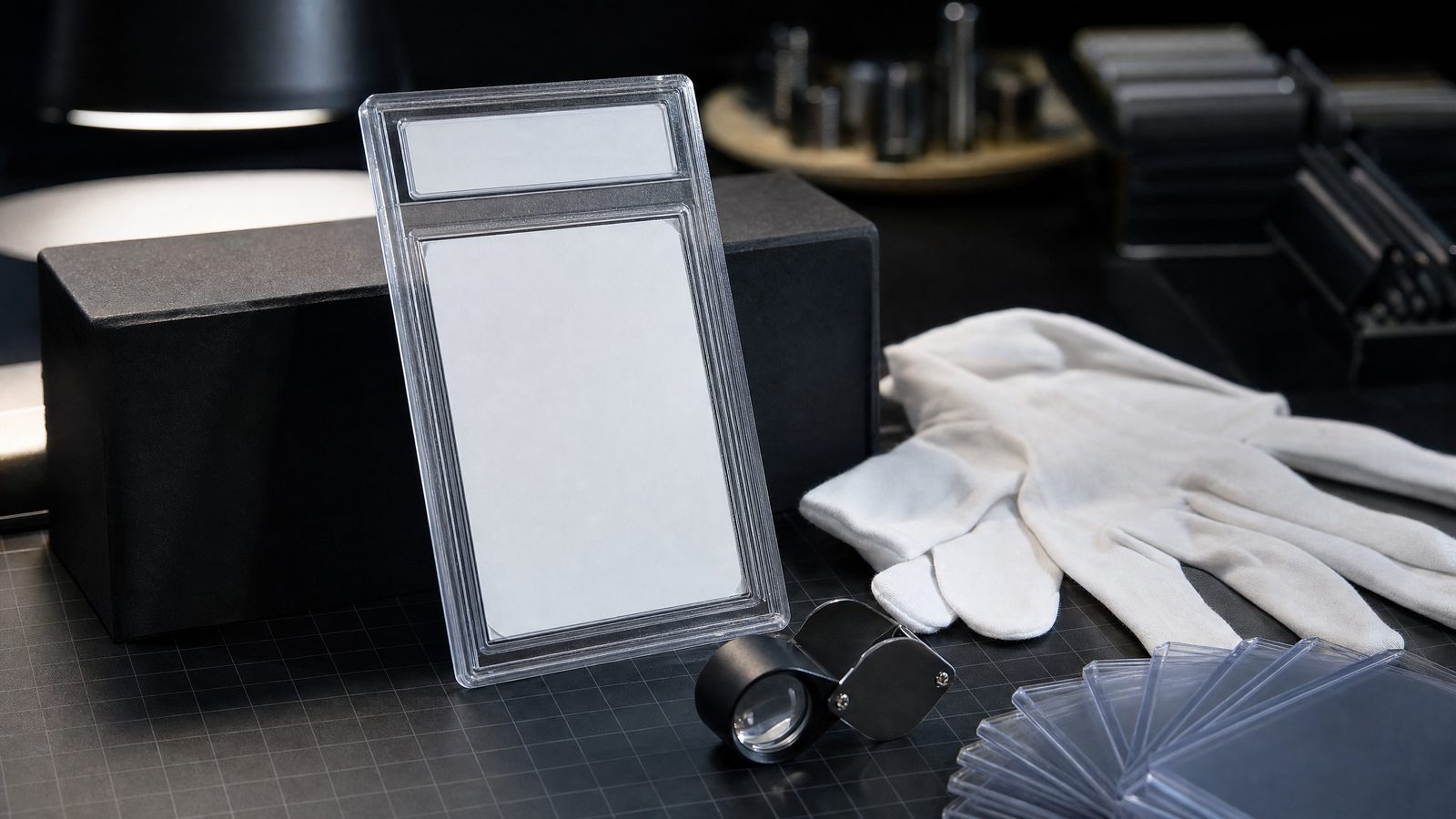 Graded card slab beside a loupe, cotton gloves and semi-rigid card holders on a dark workbench