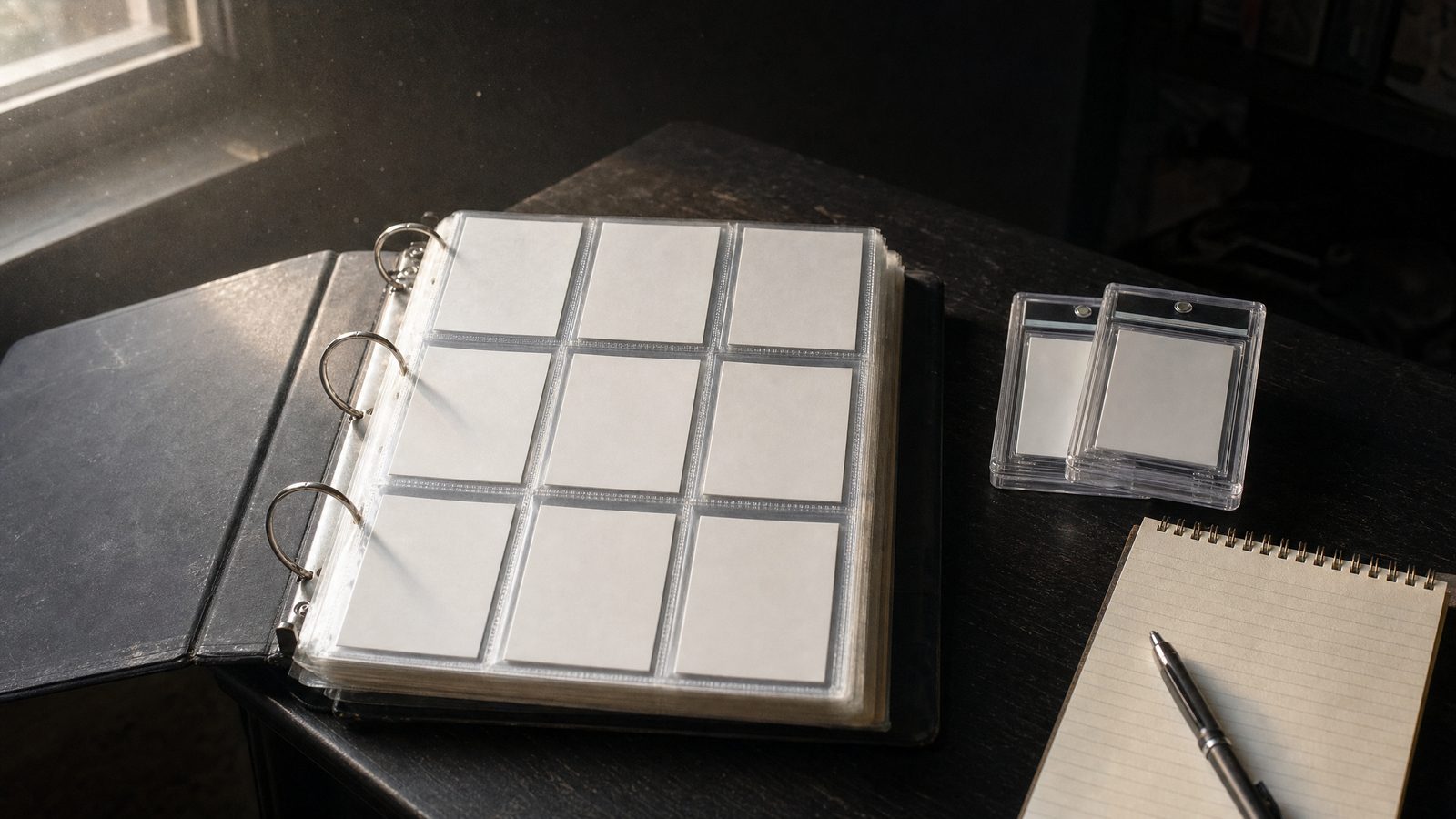 Collector's binder of sleeved trading cards open on a table beside graded slabs and a notepad, ready for valuation