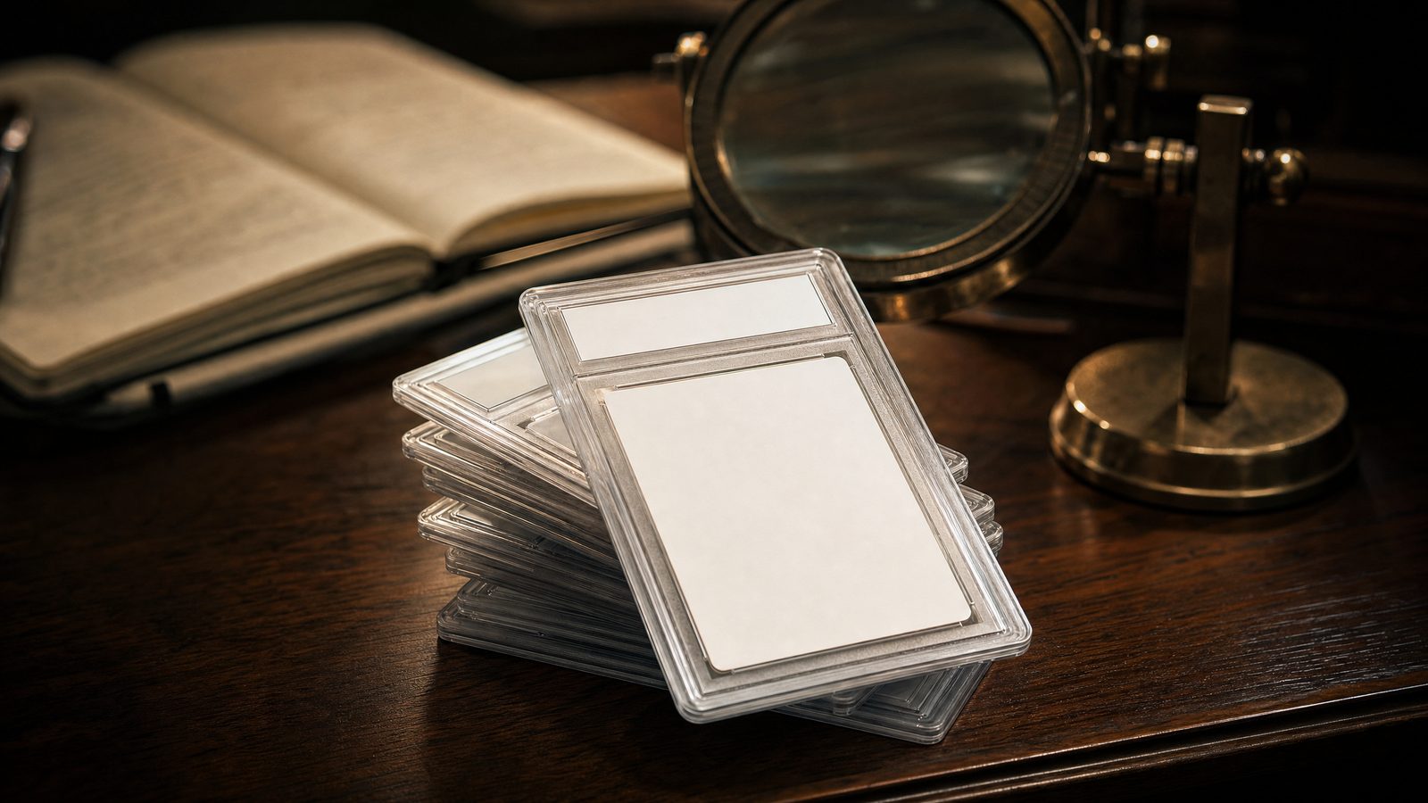 Collector's desk with graded card slabs stacked beside a magnifier, notebook and price guide under lamplight