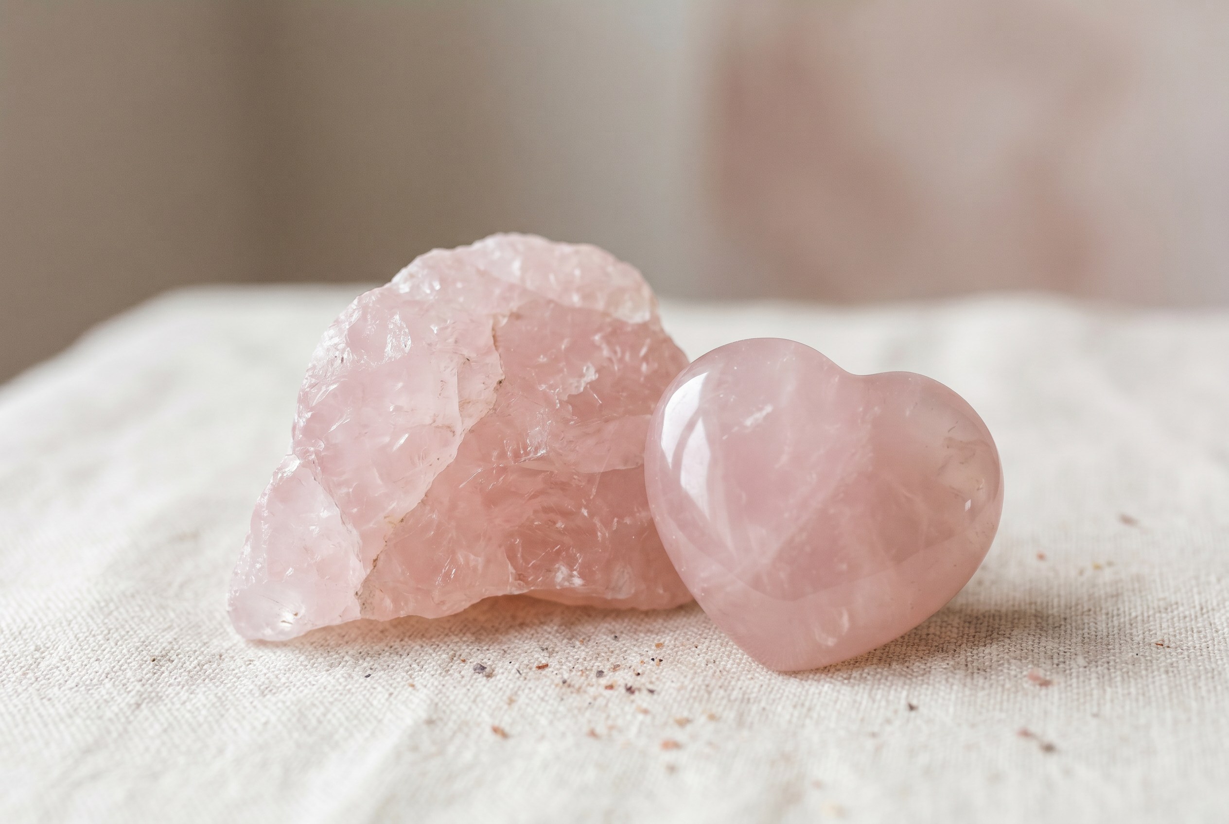 Rose quartz raw crystal and polished heart