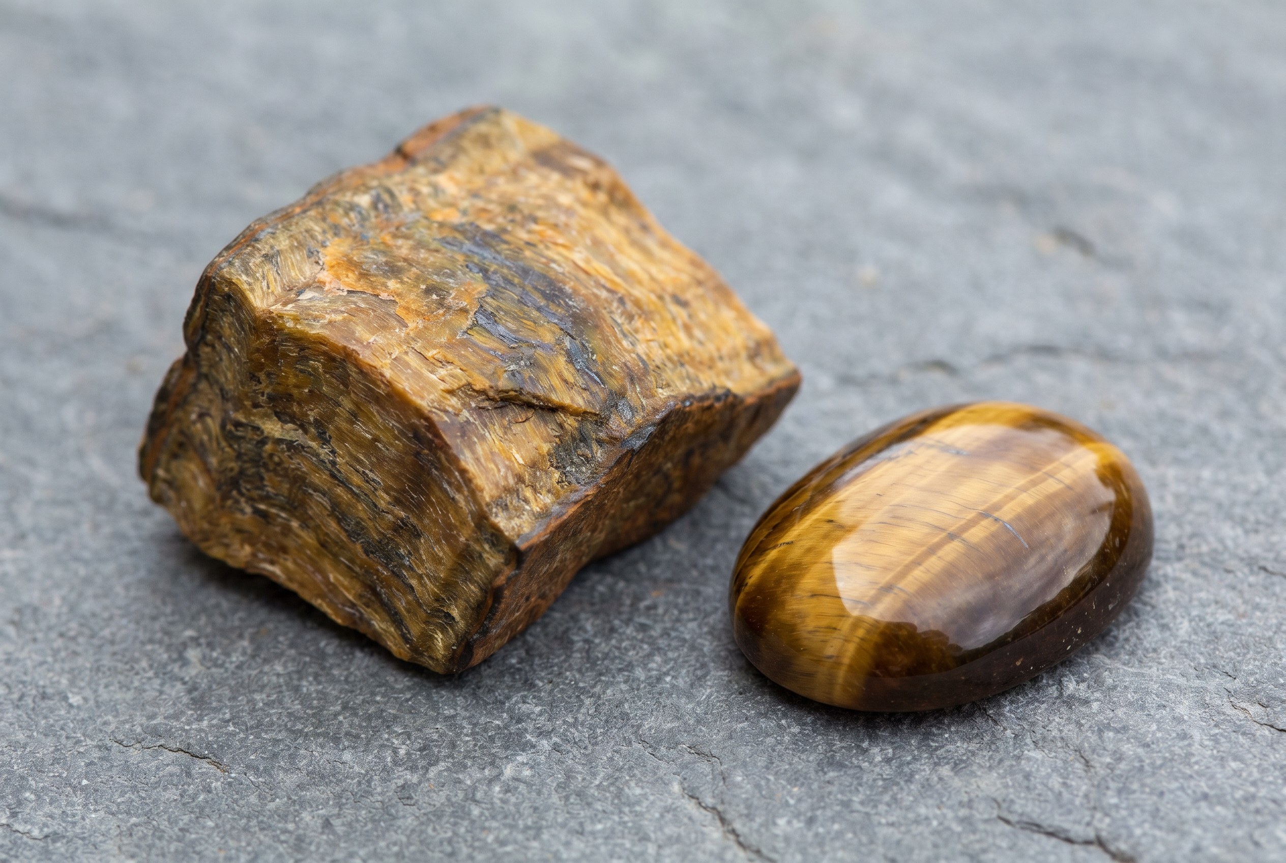 Rough and polished tiger's eye specimens