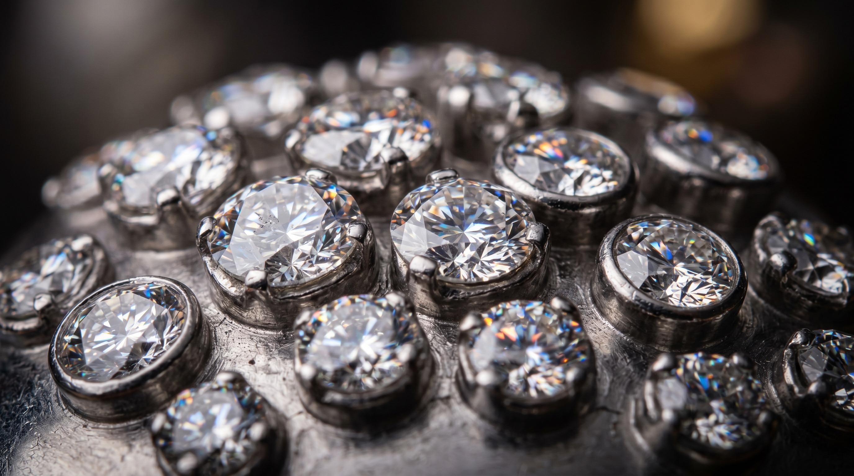 Close-up of scattered brilliant-cut diamonds in a Boodles Raindance-style setting