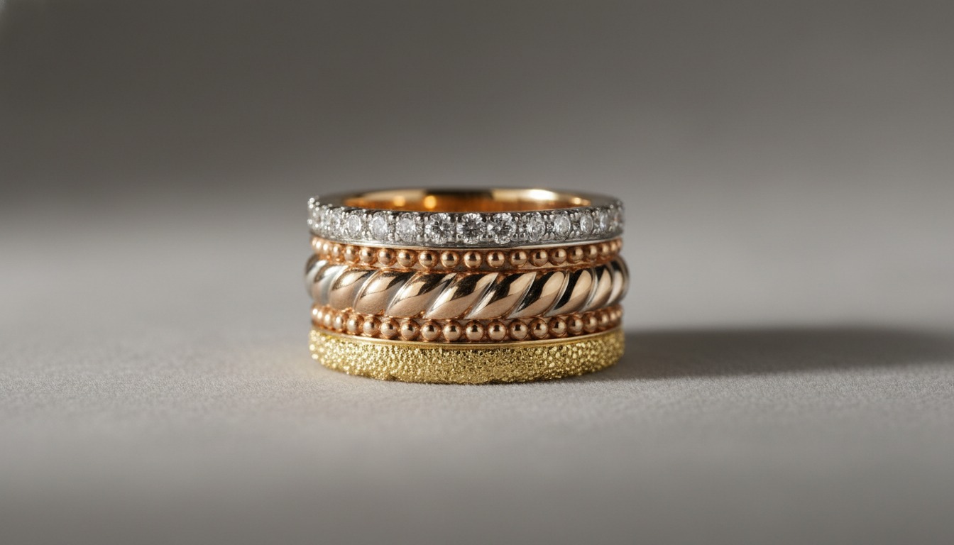 Boucheron Quatre-style four-row textured mixed-gold band ring — Mozeris Fine Antiques