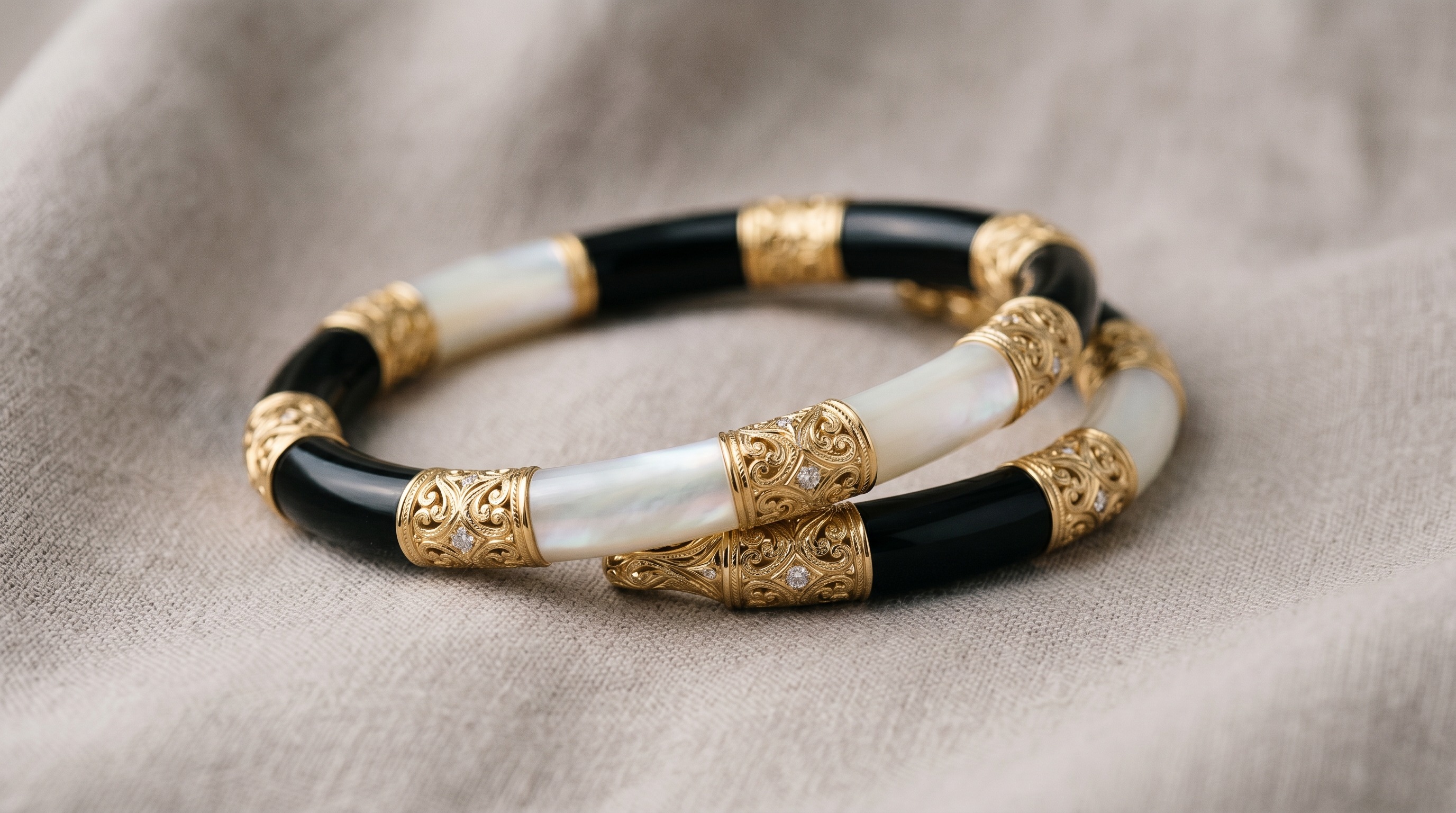 Buccellati Opera gold bracelet with onyx and mother-of-pearl — Mozeris Fine Antiques