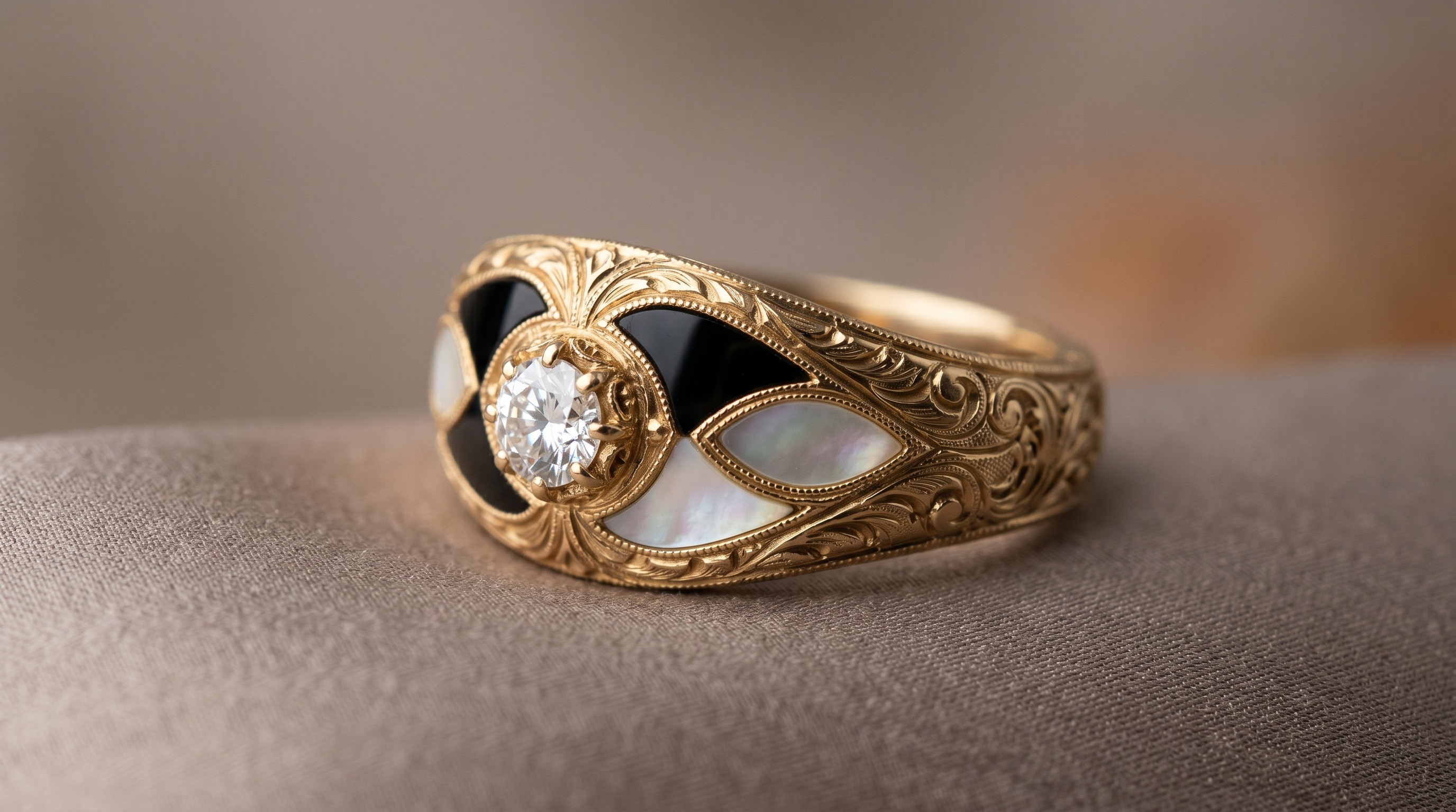 Buccellati Opera gold ring with onyx and mother-of-pearl