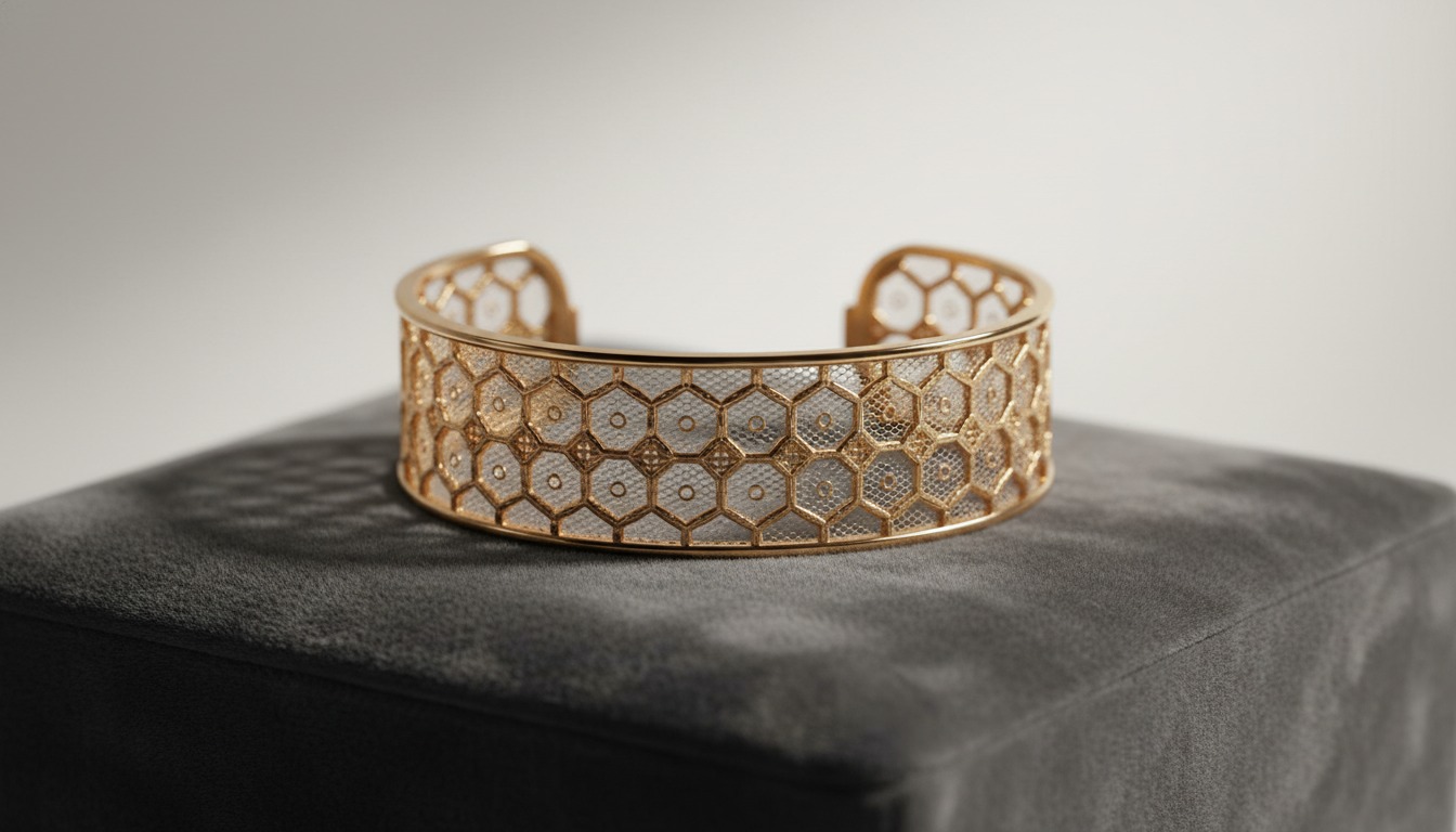 Buccellati-style gold cuff with fine honeycomb tulle openwork — Mozeris Fine Antiques