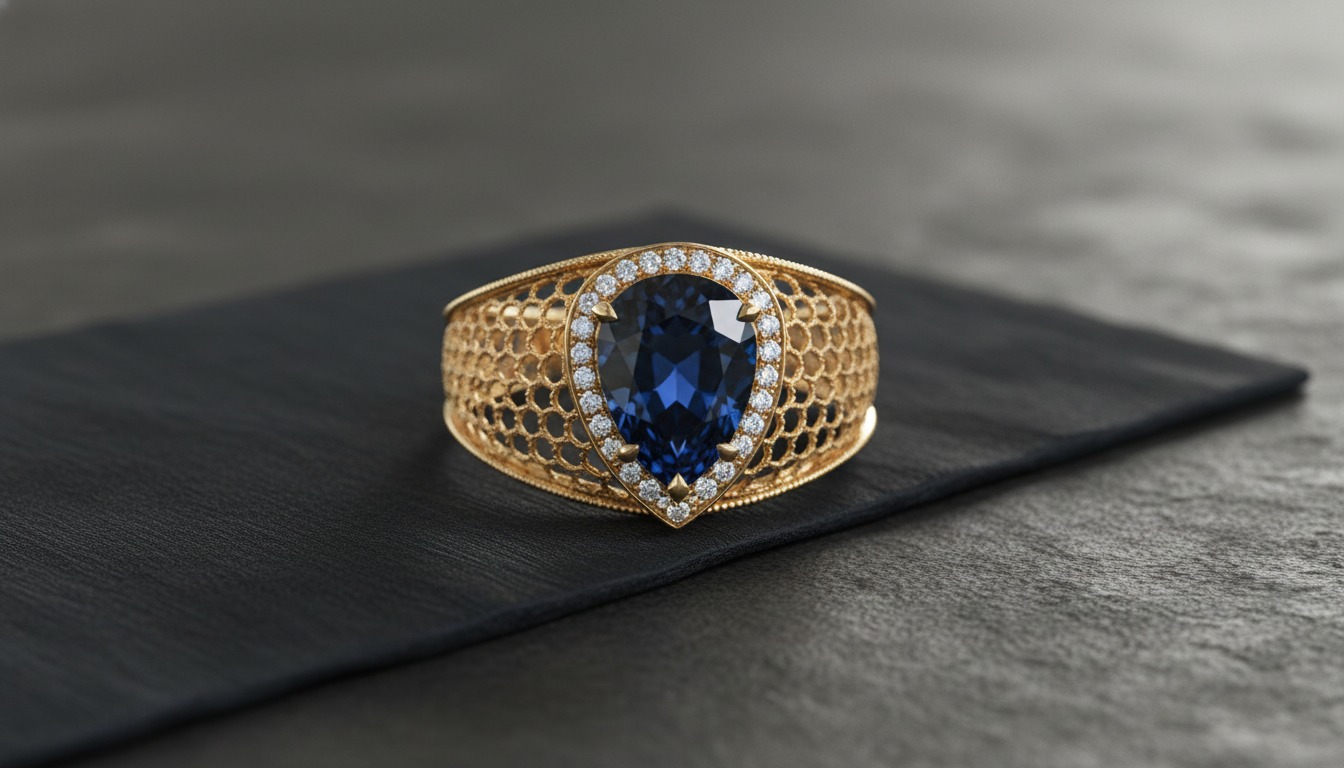 Gold ring with honeycomb tulle openwork and central gemstone