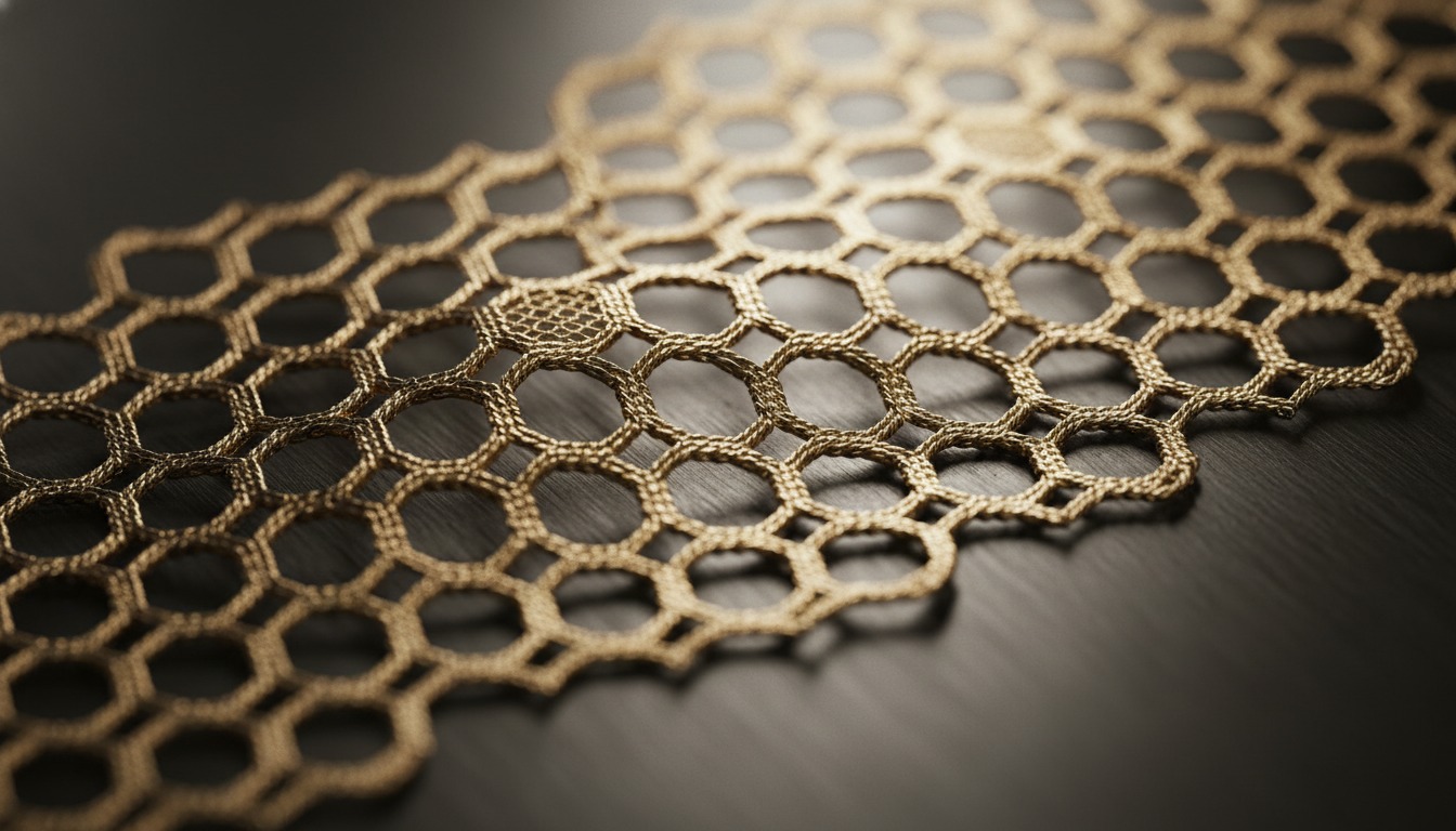 Macro of fine honeycomb tulle openwork in gold