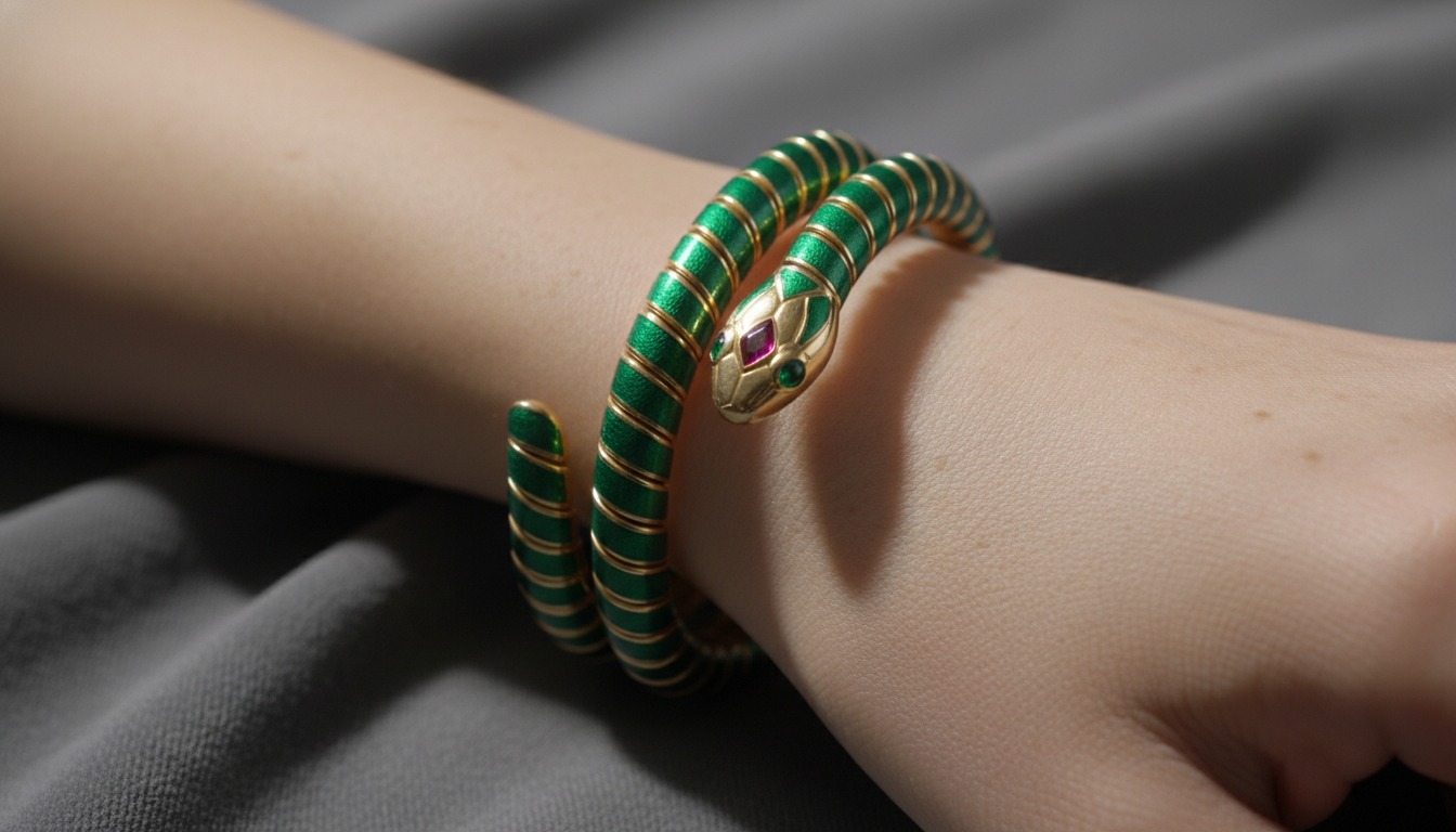 Bvlgari Serpenti-style gold snake bracelet coiled on the wrist — Mozeris Fine Antiques