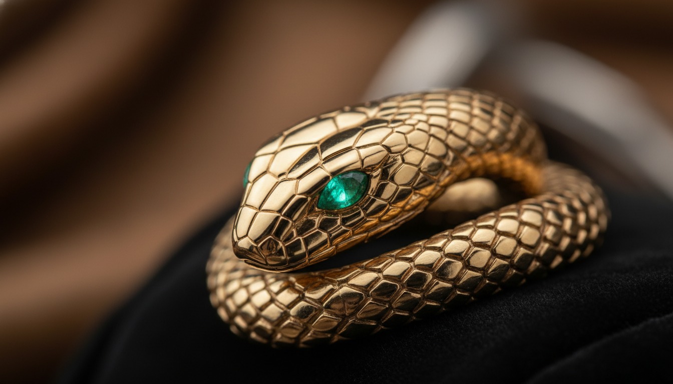 Close-up of a gold serpent head with gemstone eyes and detailed scales