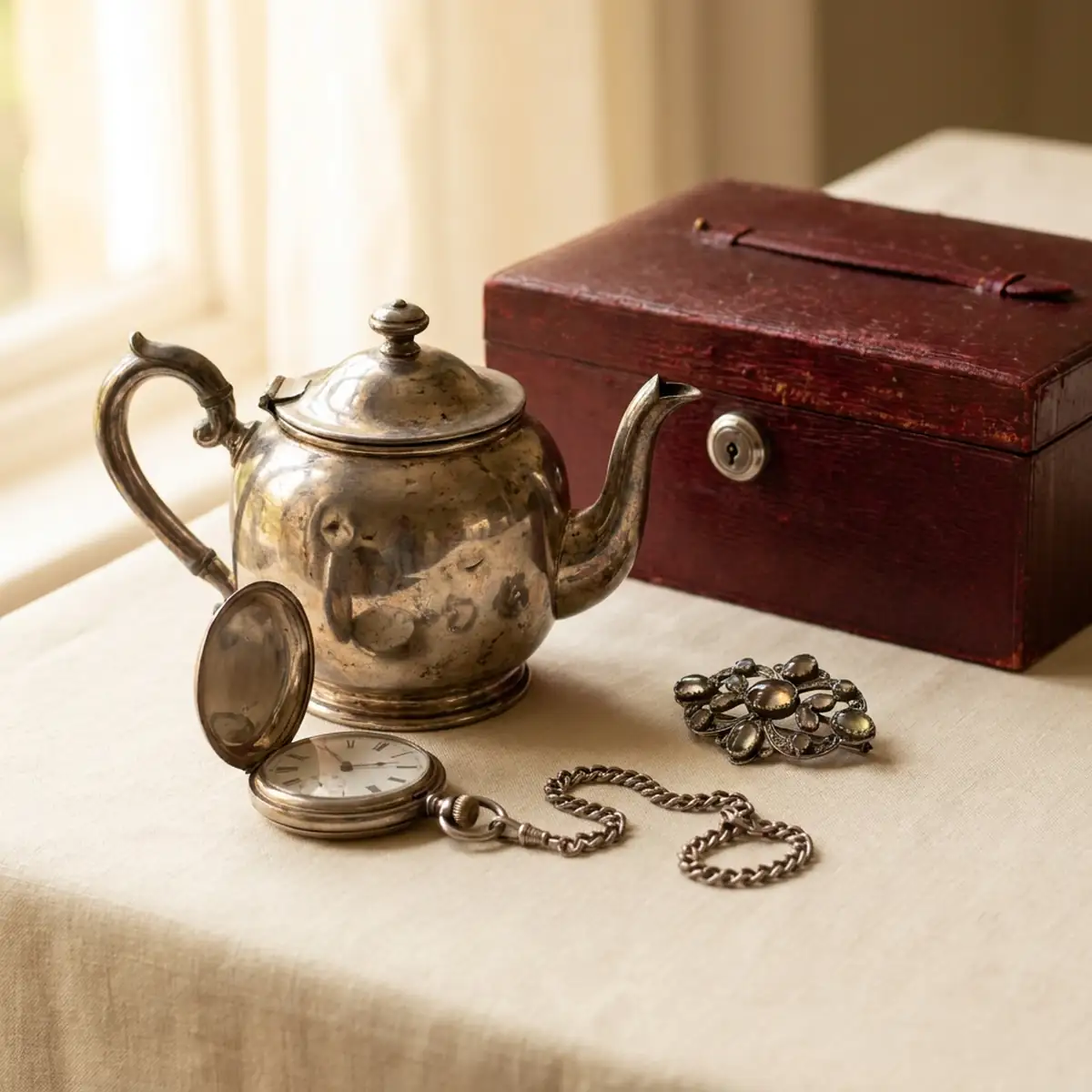 A silver teapot, a pocket watch and a red leather box on a table