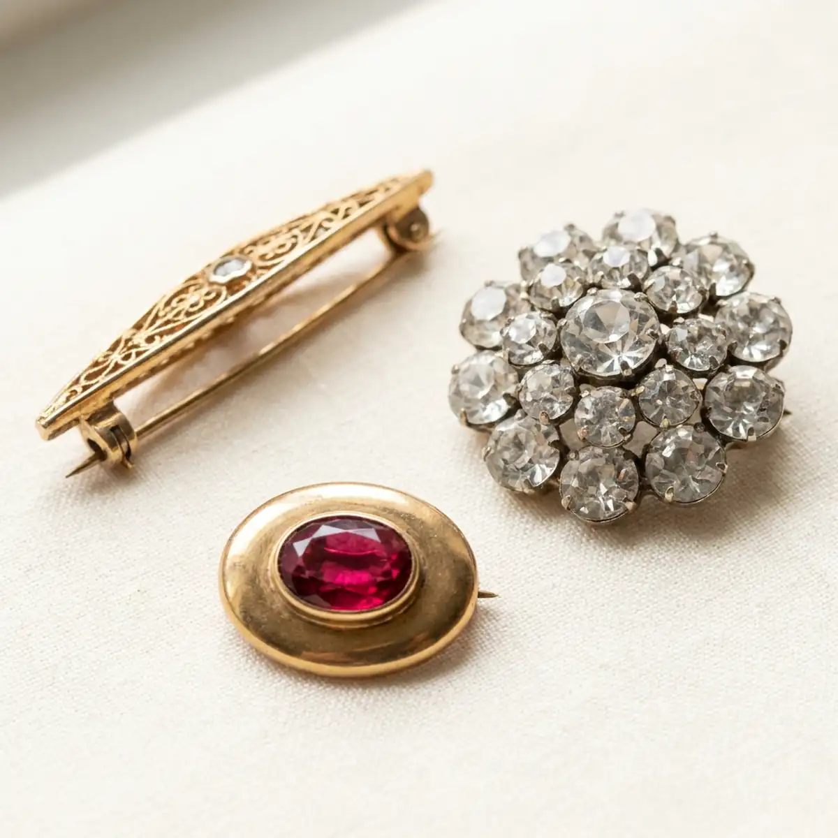 Antique brooches on a cream cloth