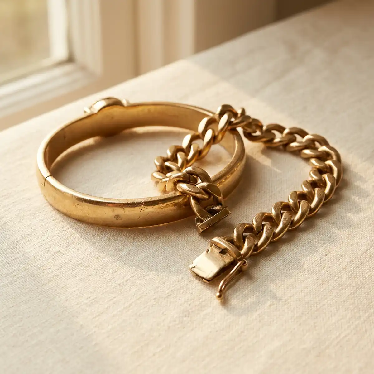 An everyday gold bangle and a curb bracelet with a broken clasp