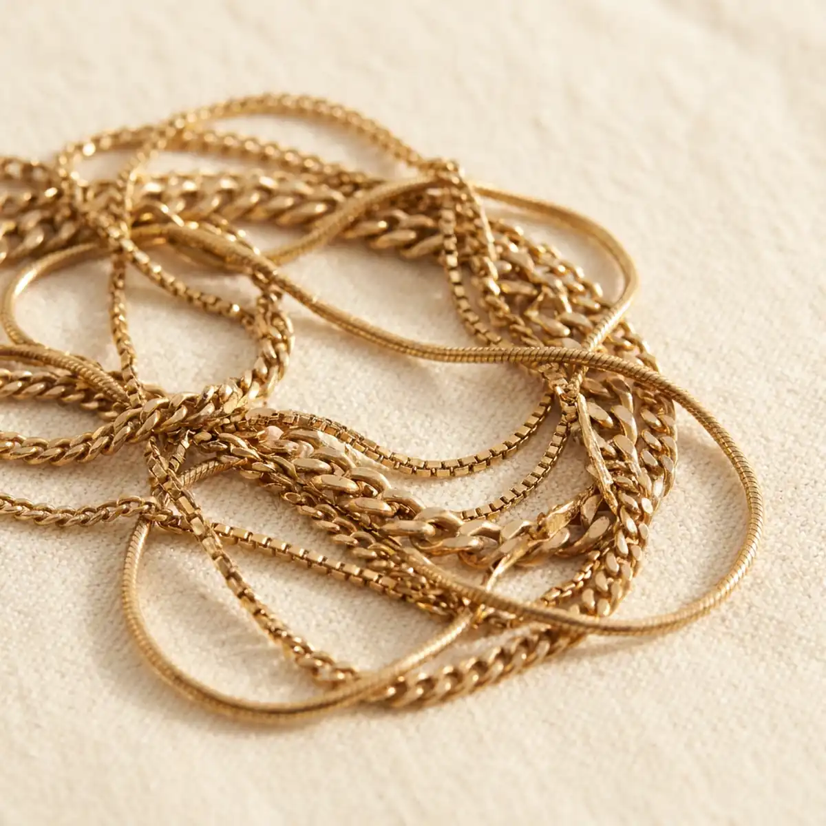 A loose tangle of thin everyday gold chains