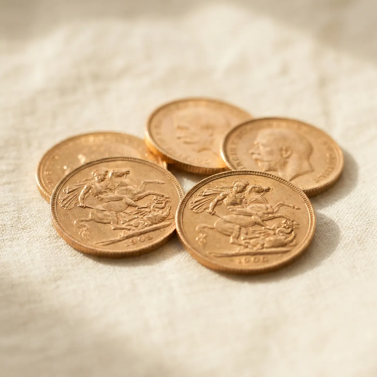 A few gold sovereign coins, worn, lying flat