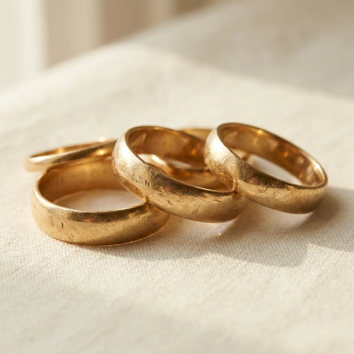 A few worn plain gold wedding bands