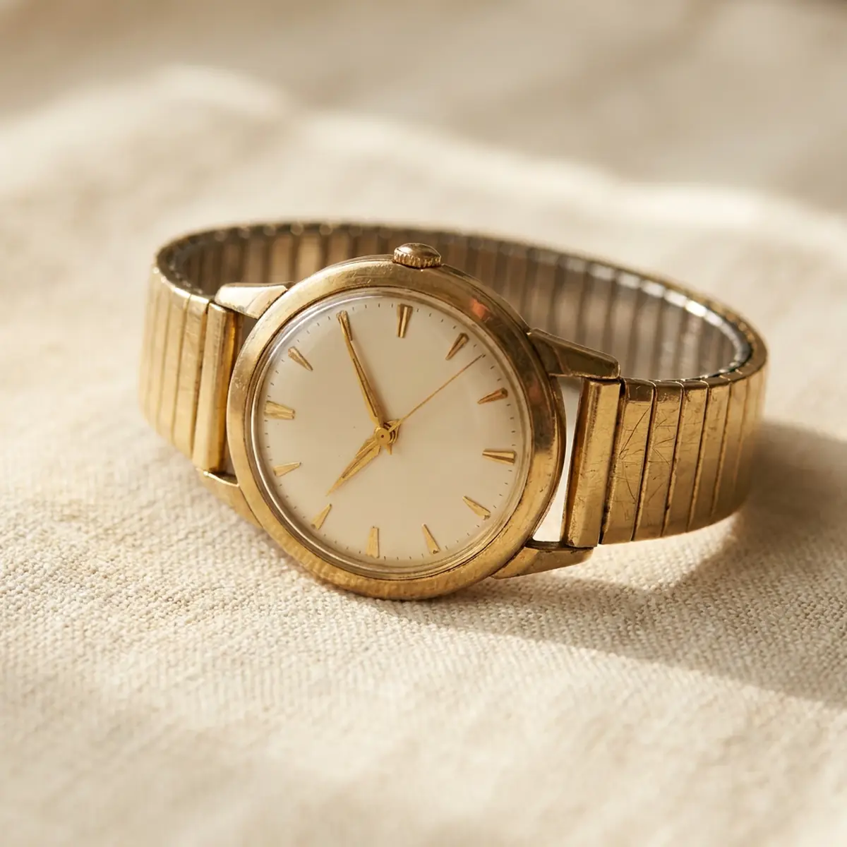 A plain vintage gold wristwatch on a worn strap, no brand name on the dial