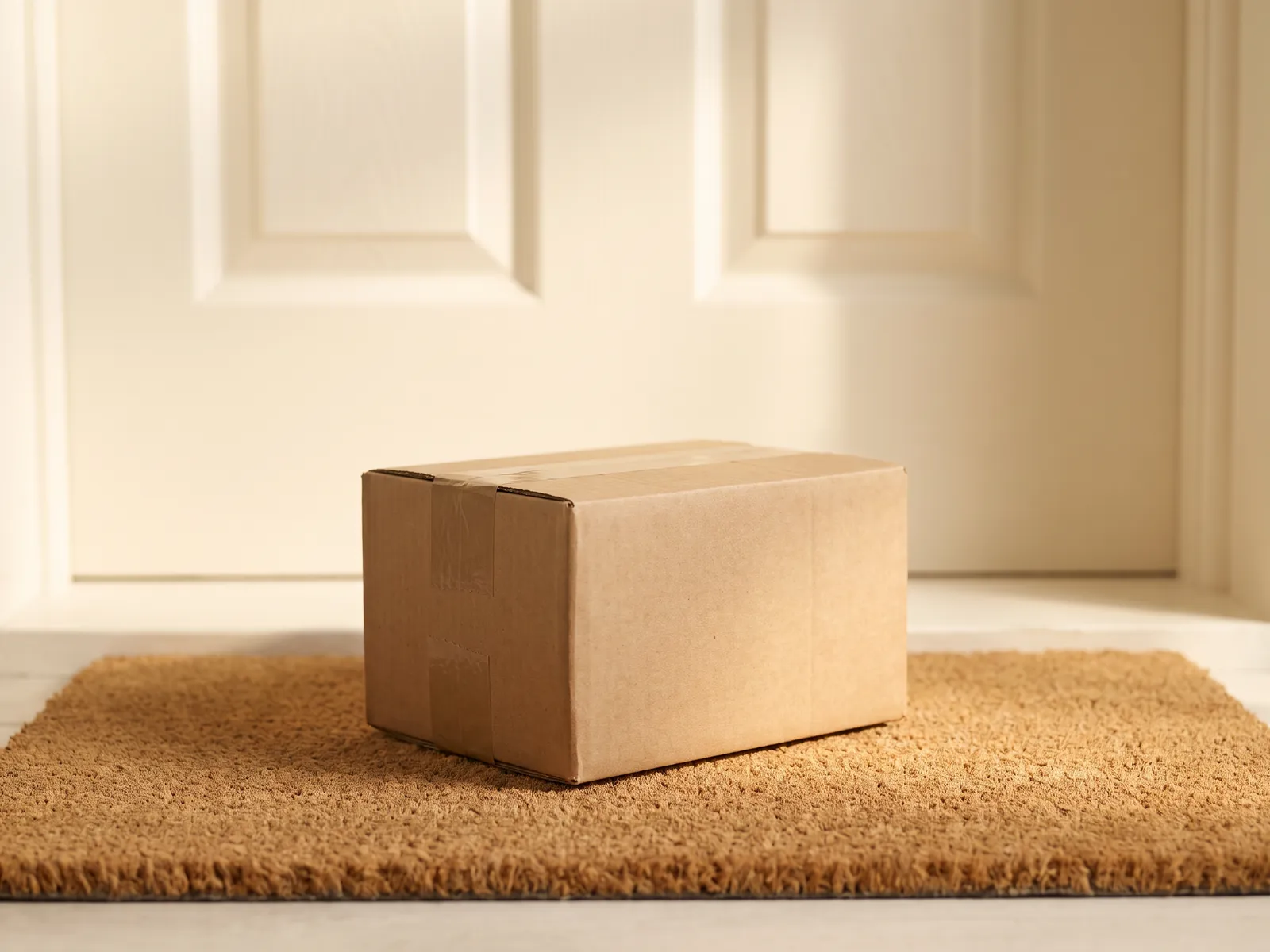 A small plain sealed parcel on a doormat outside a cream front door, ready for collection
