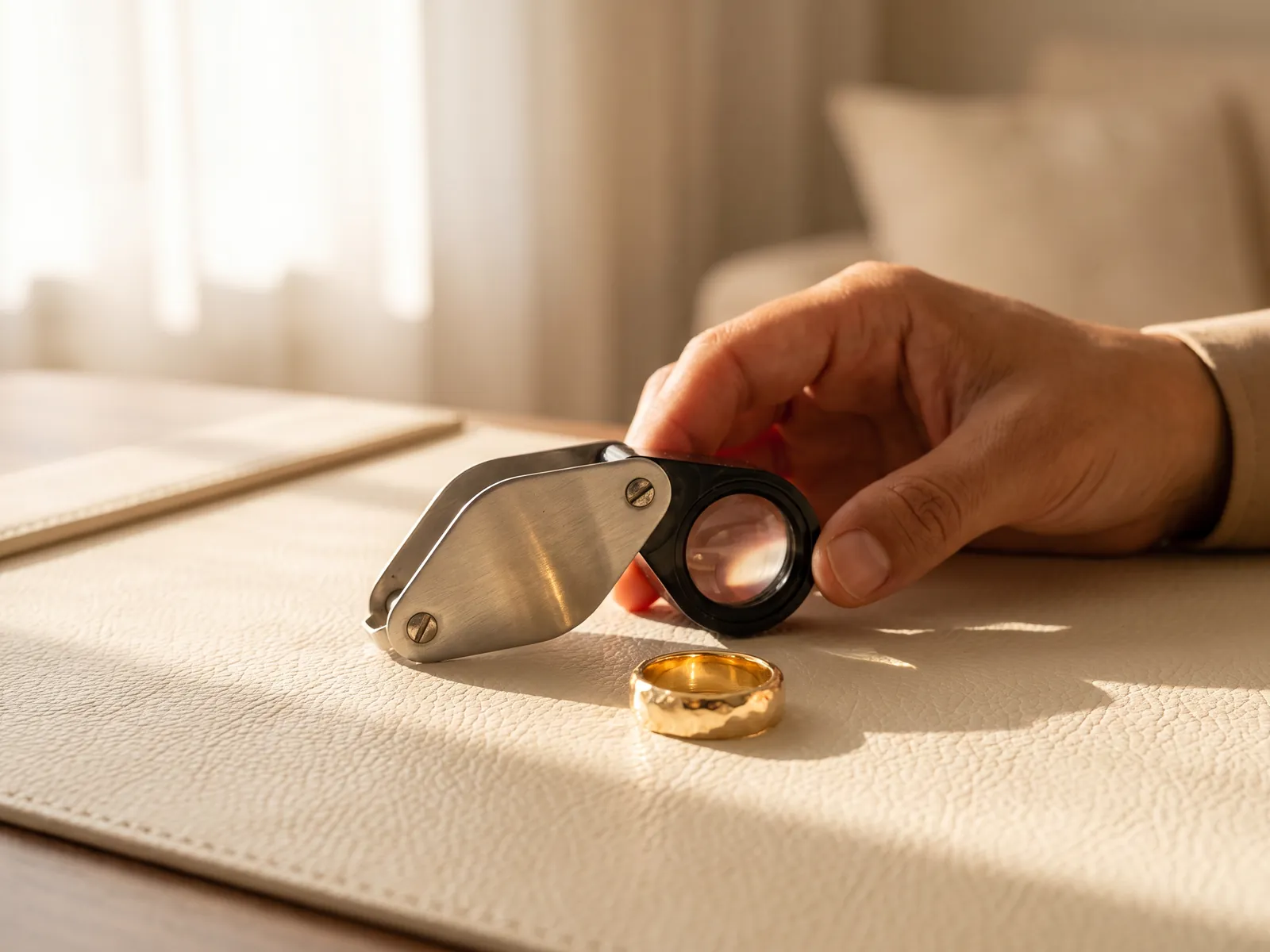 A jeweller's loupe and a gold ring on a cream leather desk pad, ready for inspection