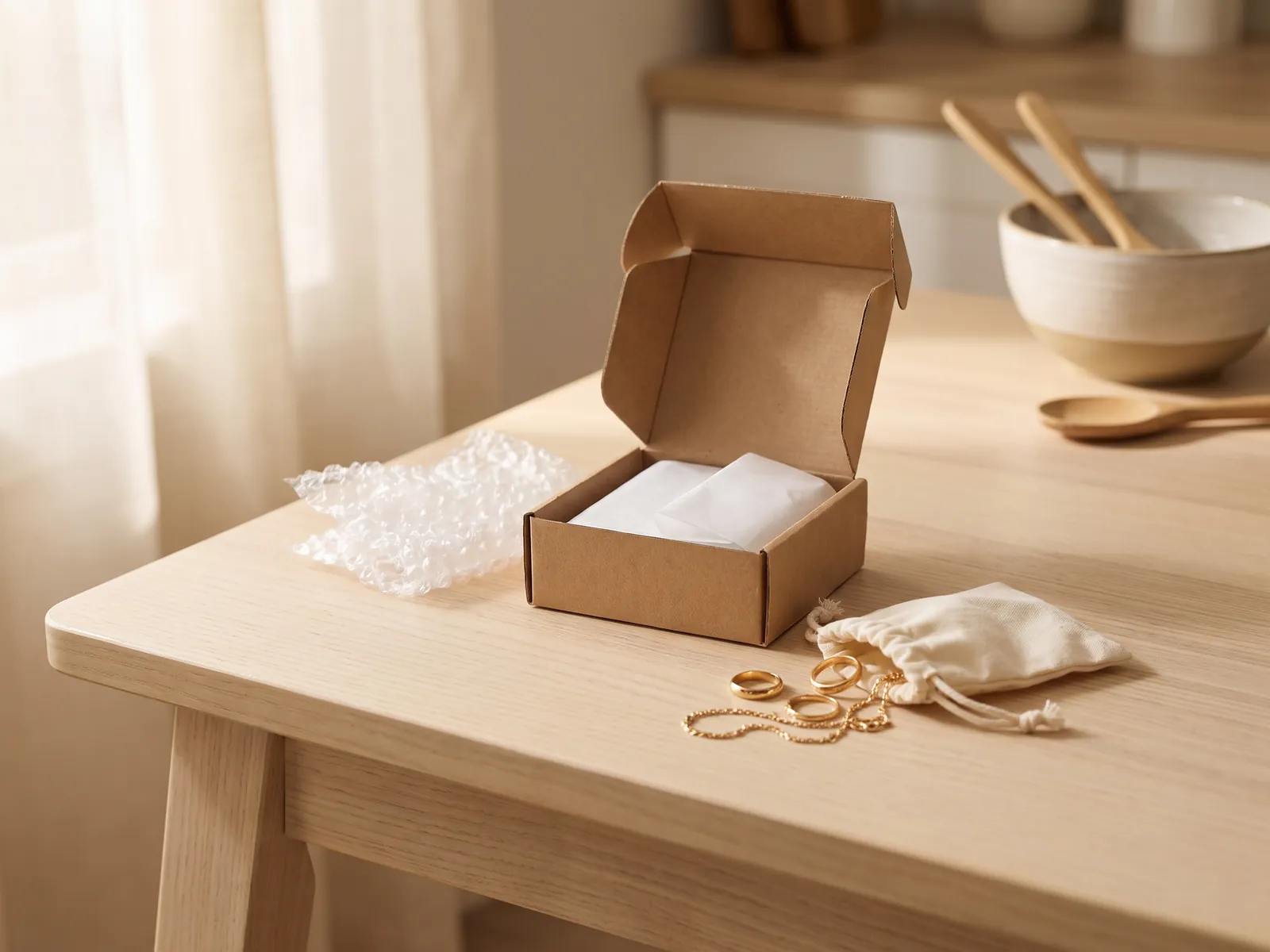 A small brown box being packed with tissue paper and bubble wrap, a pouch of gold jewellery beside it on a kitchen table