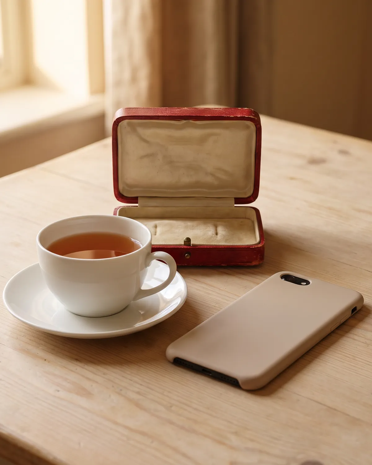 A cup of tea beside an open red leather jewellery box on a table