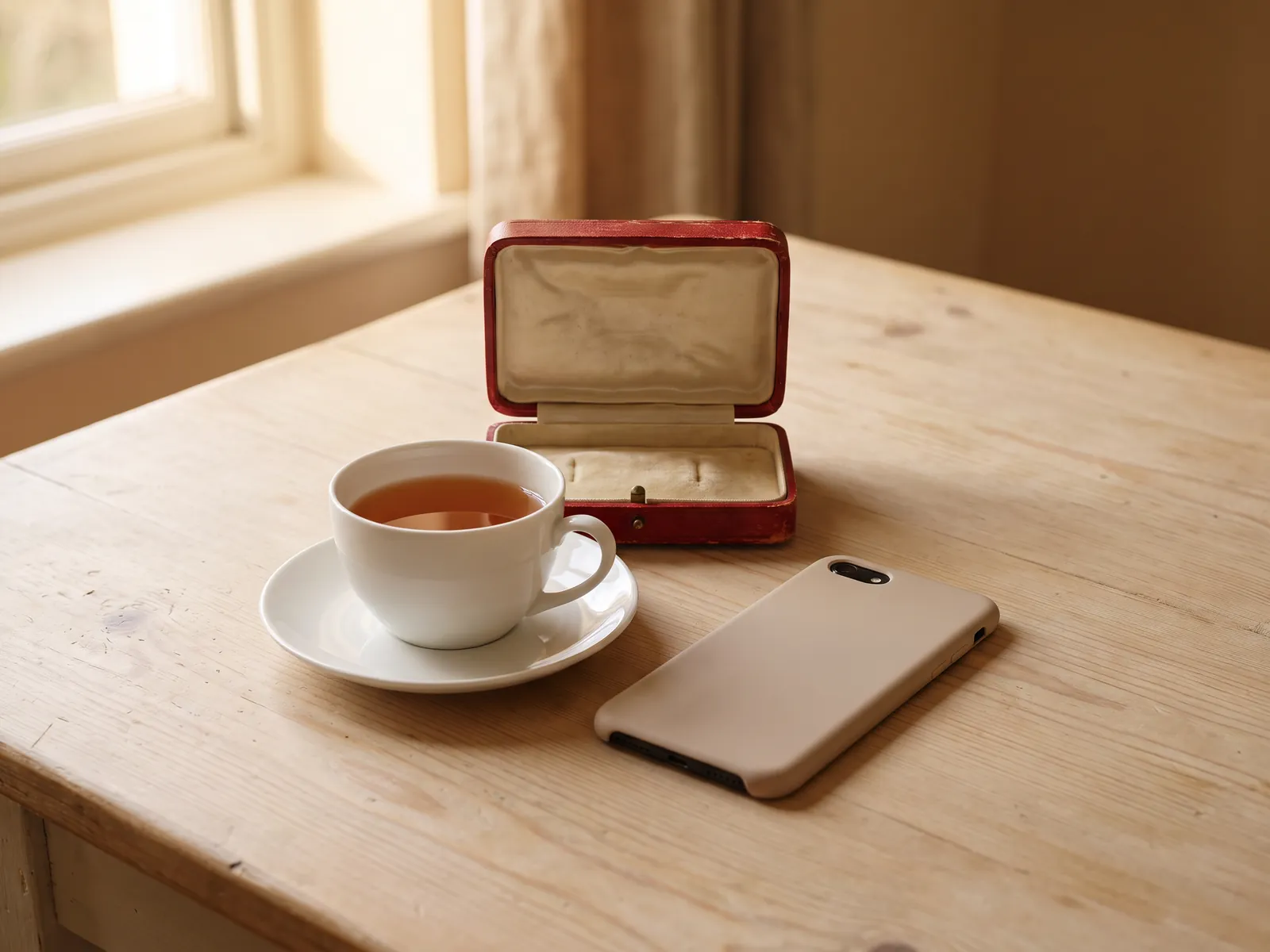 A cup of tea, a phone face down and an empty open jewellery box on a table
