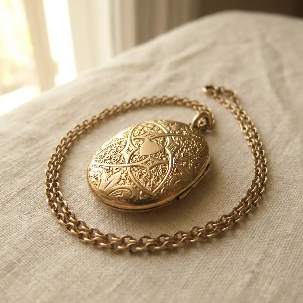 An engraved gold oval locket on a fine chain