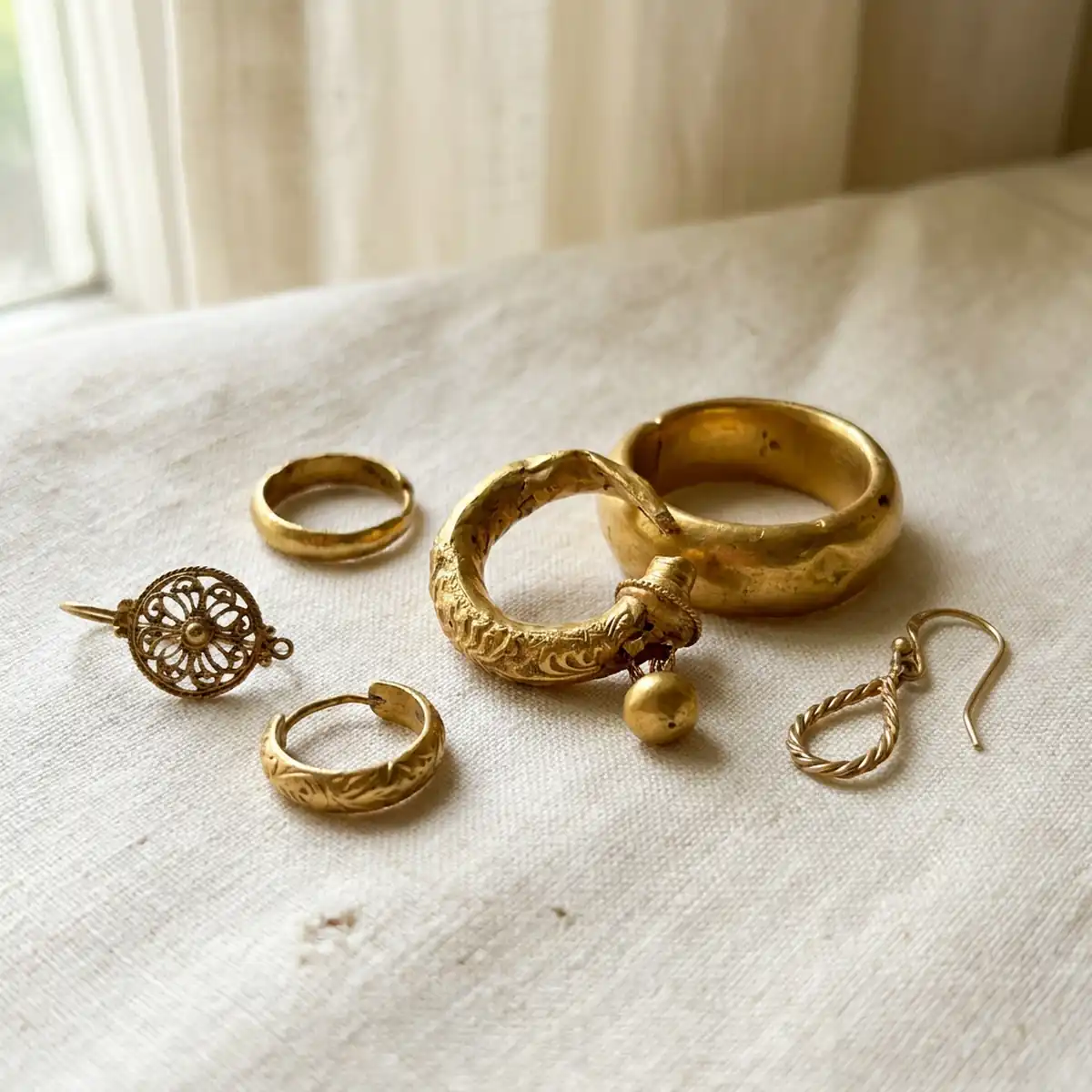 Everyday gold, as it arrives: worn rings, a thin chain, a single earring.