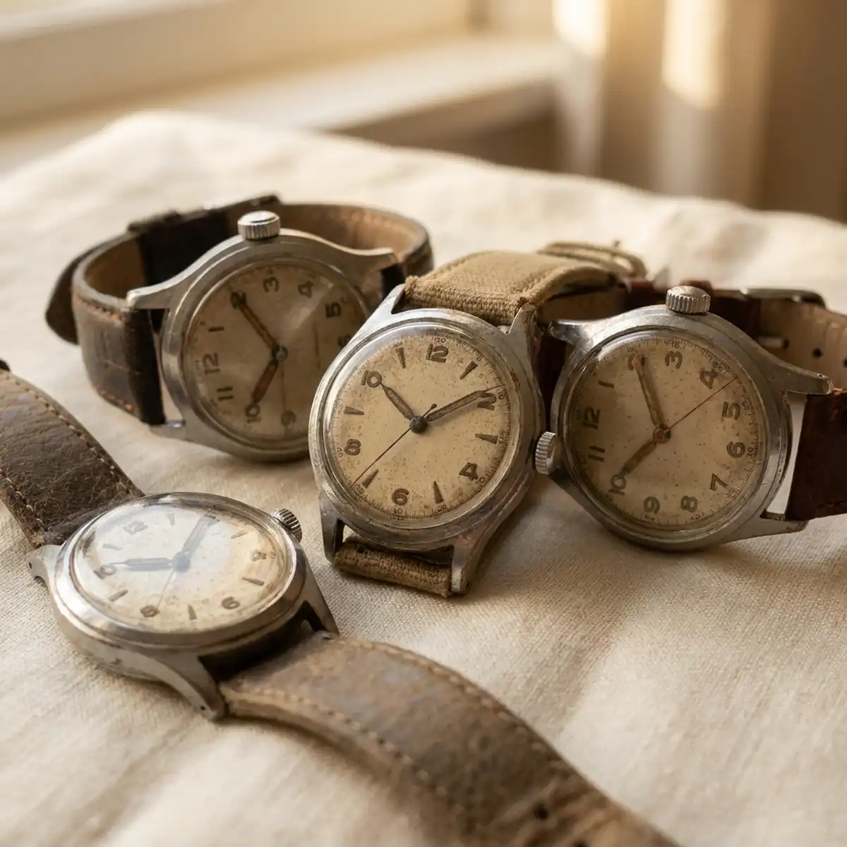Old wristwatches with leather straps