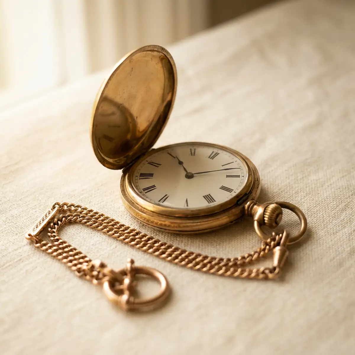 A gold pocket watch with its chain