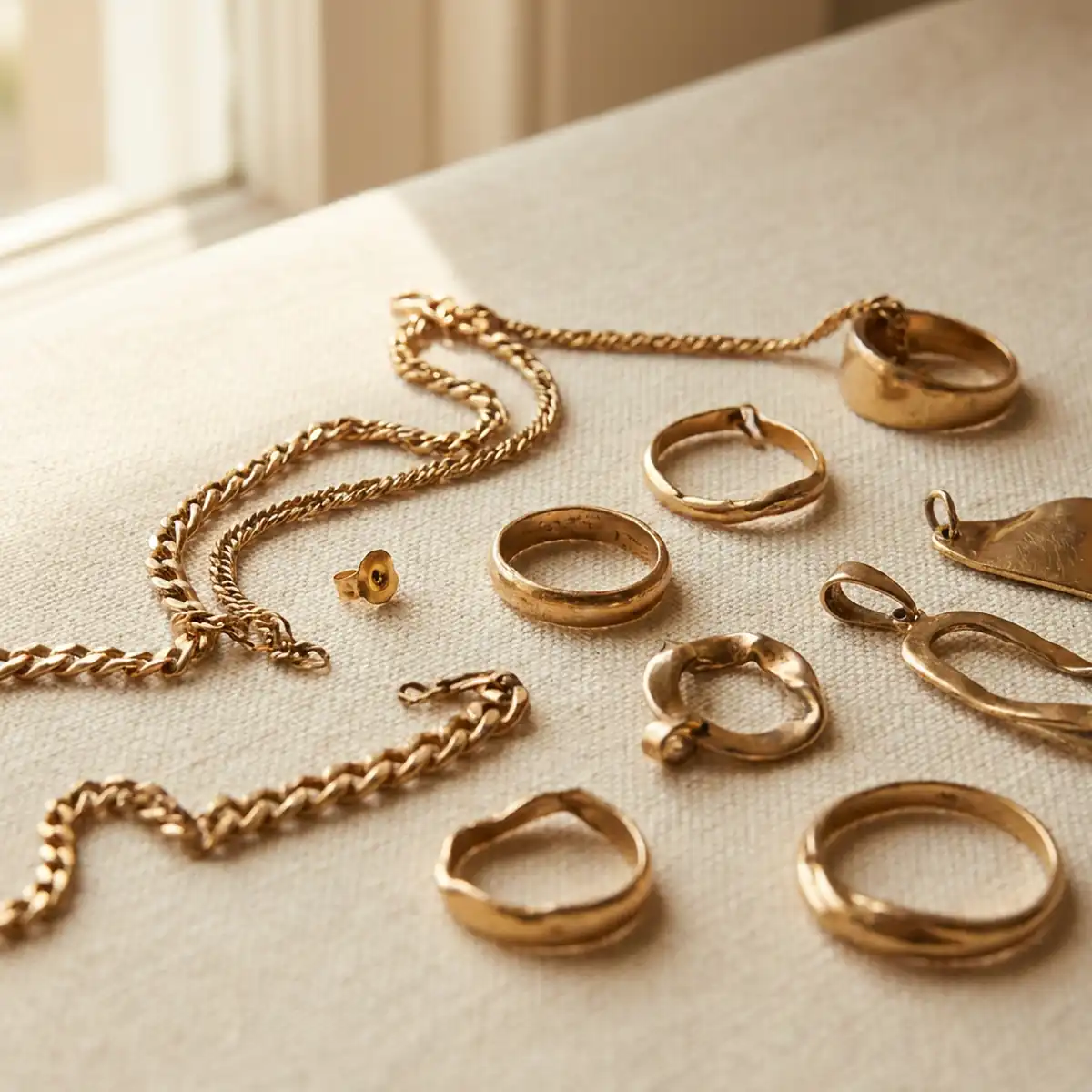 Broken and bent gold jewellery: snapped chains, misshapen rings, a single earring back