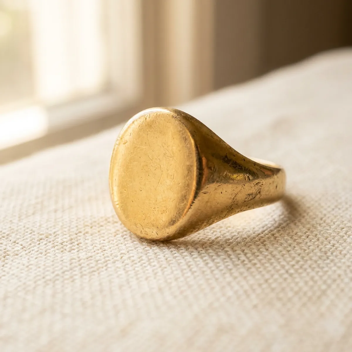 A worn plain gold signet ring