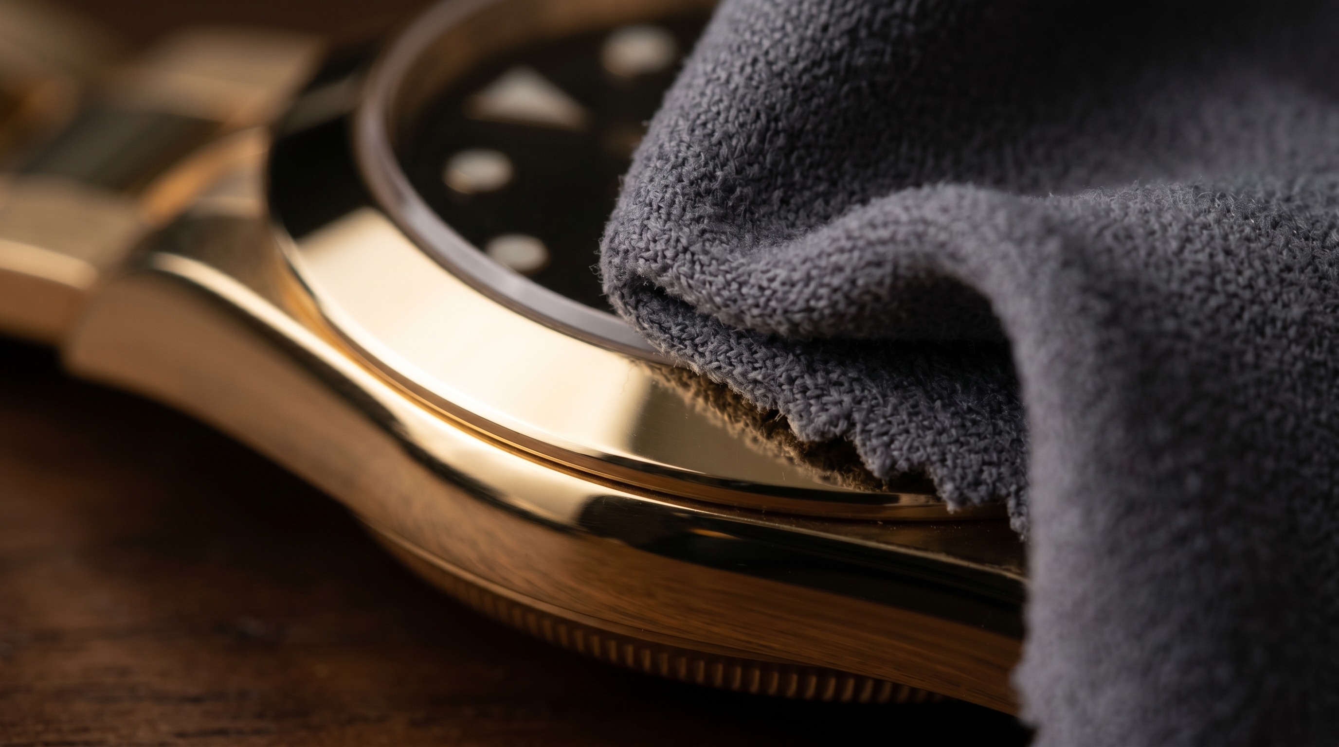 Soft polishing cloth buffing a polished gold surface to a shine
