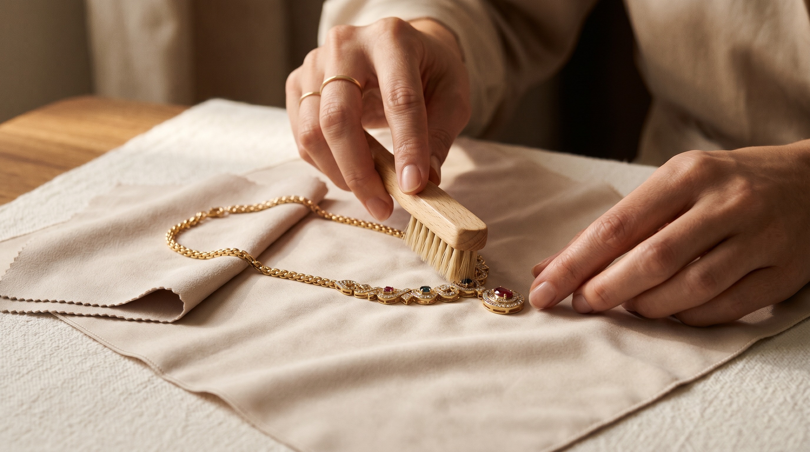 Fine gold designer jewellery being gently cleaned with a soft cloth — Mozeris Fine Antiques