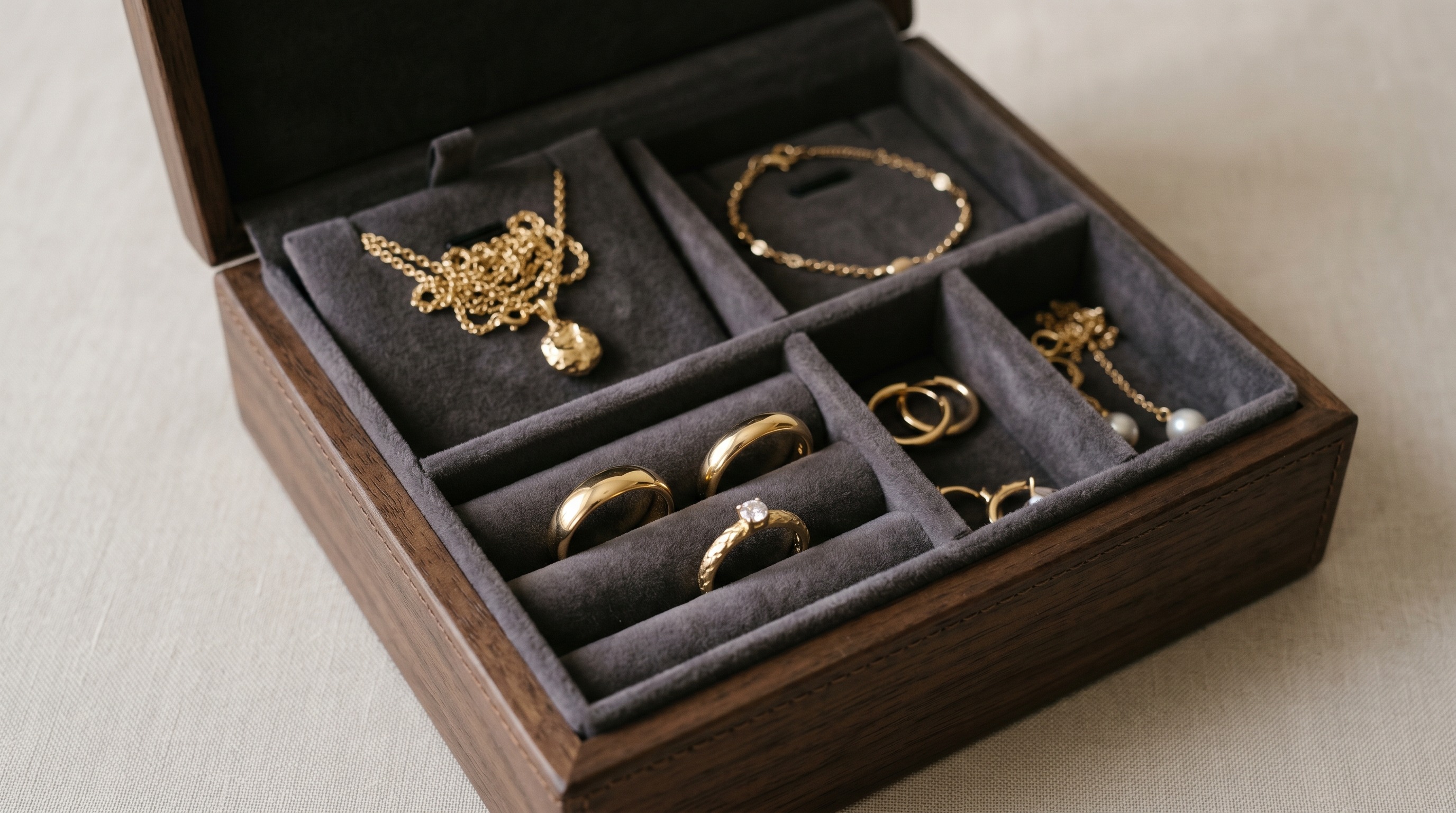 Fine gold jewellery stored in a soft-lined compartmented jewellery box