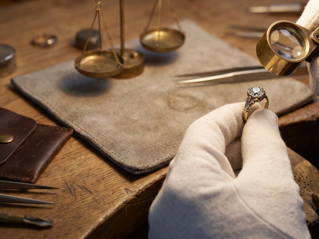 A gloved hand examining a ring under a loupe